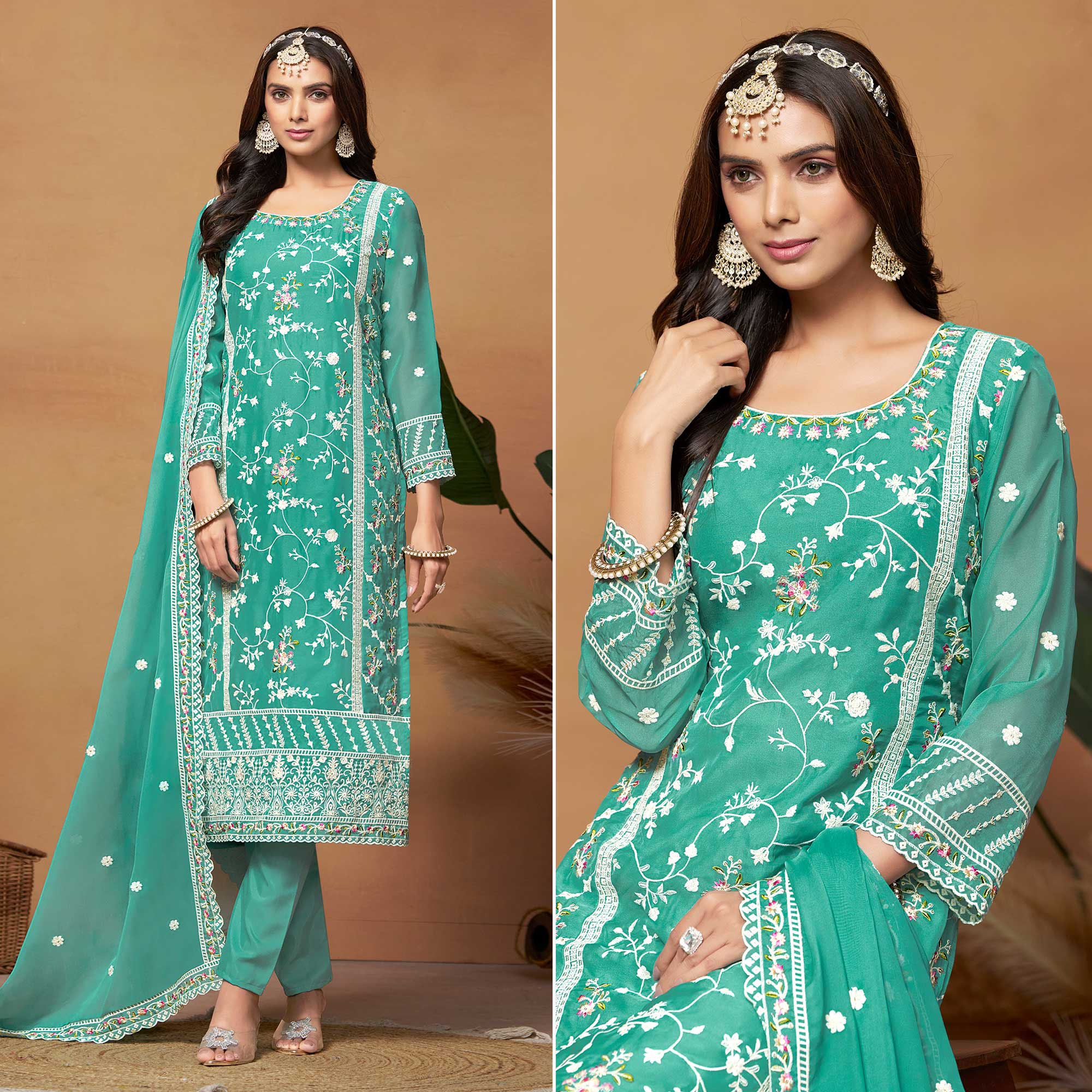 Rama Green Floral Embroidered Organza Semi Stitched Dress Material