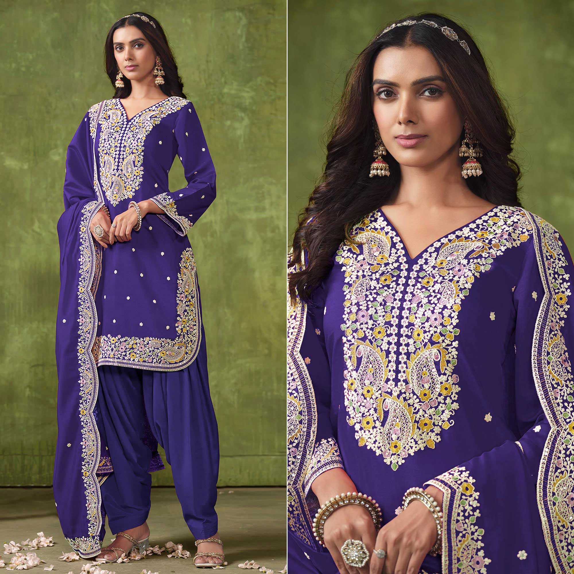 Purple Floral Embroidered Pure Silk Unstitched Dress Material