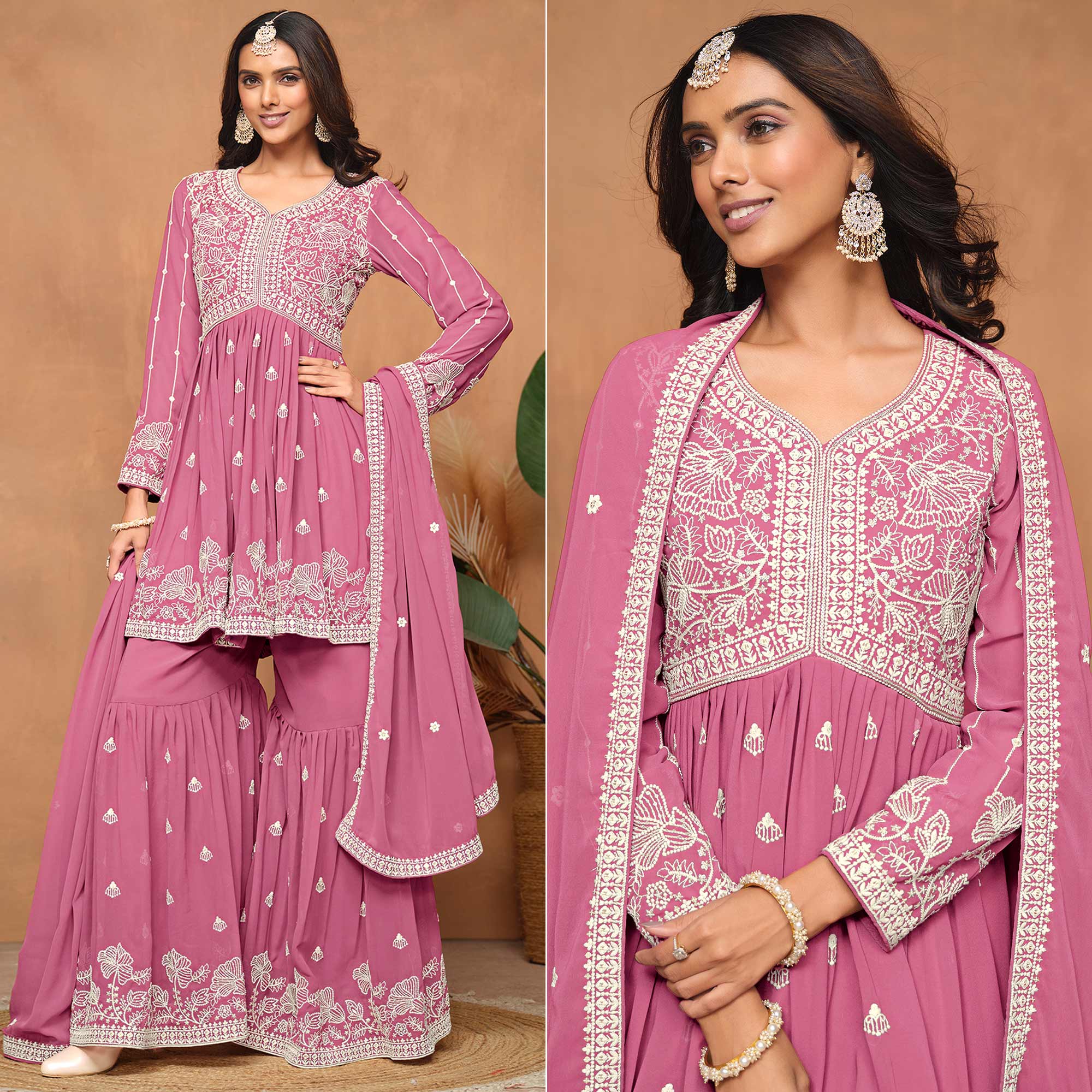 Pink Floral Embroidered Georgette Semi Stitched Suit