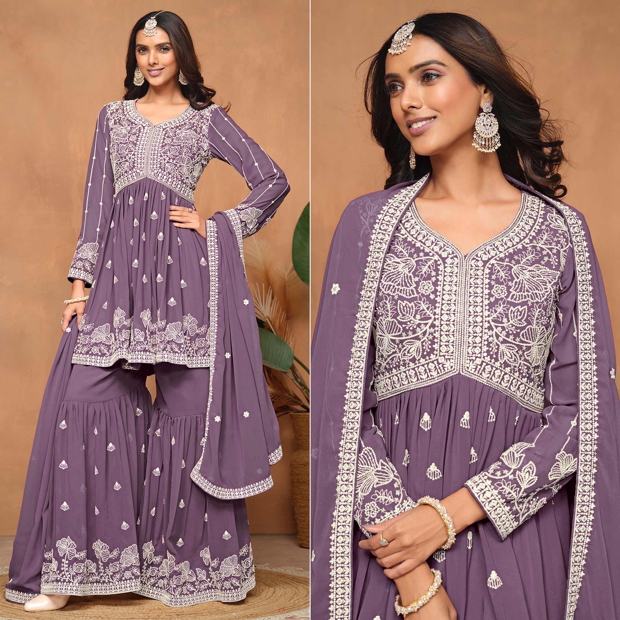 Purple Floral Embroidered Georgette Semi Stitched Suit