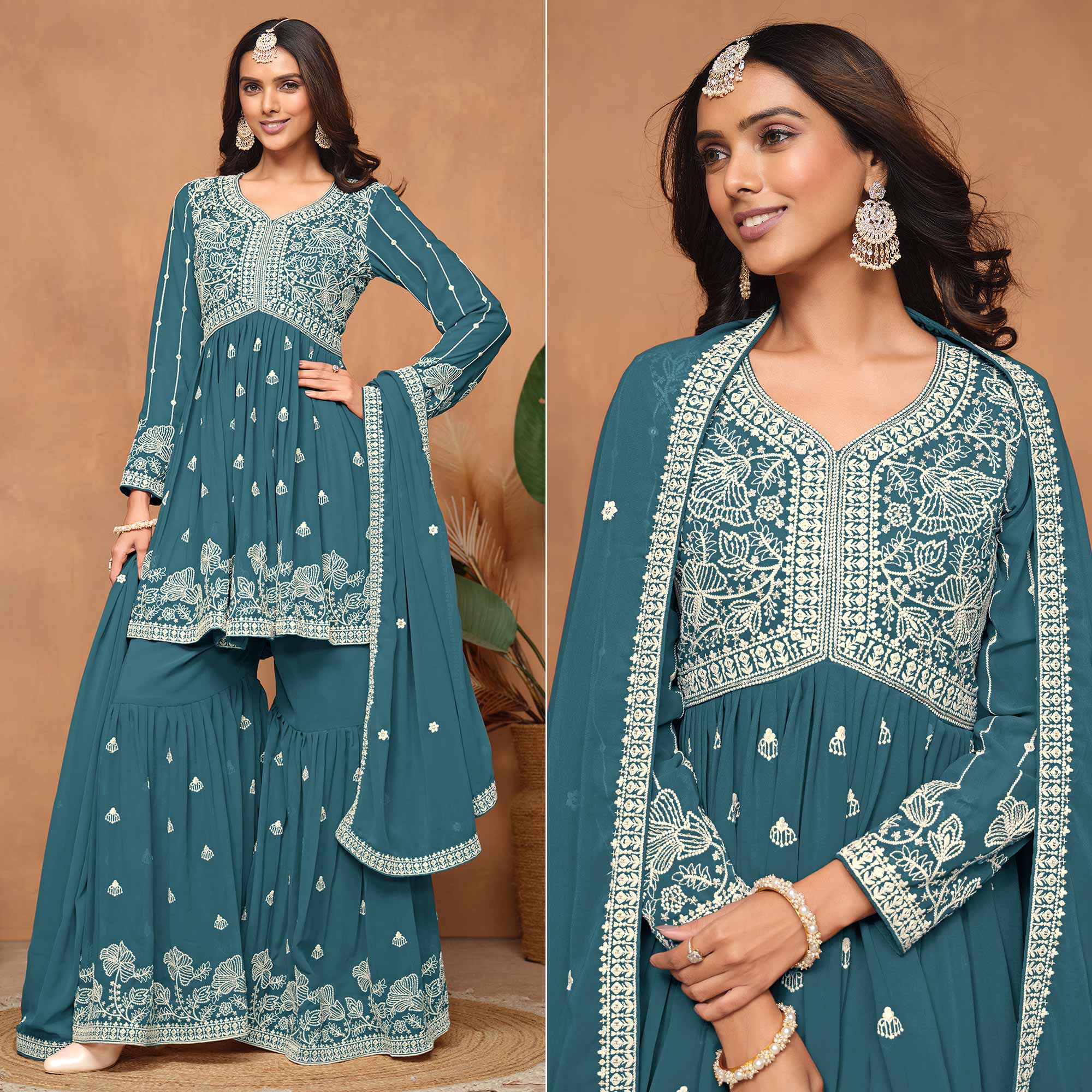 Teal Floral Embroidered Georgette Semi Stitched Suit