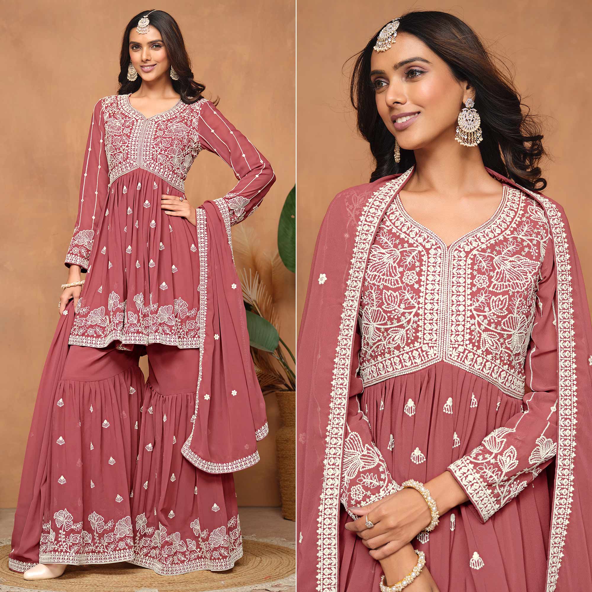 Mauve Floral Embroidered Georgette Semi Stitched Suit