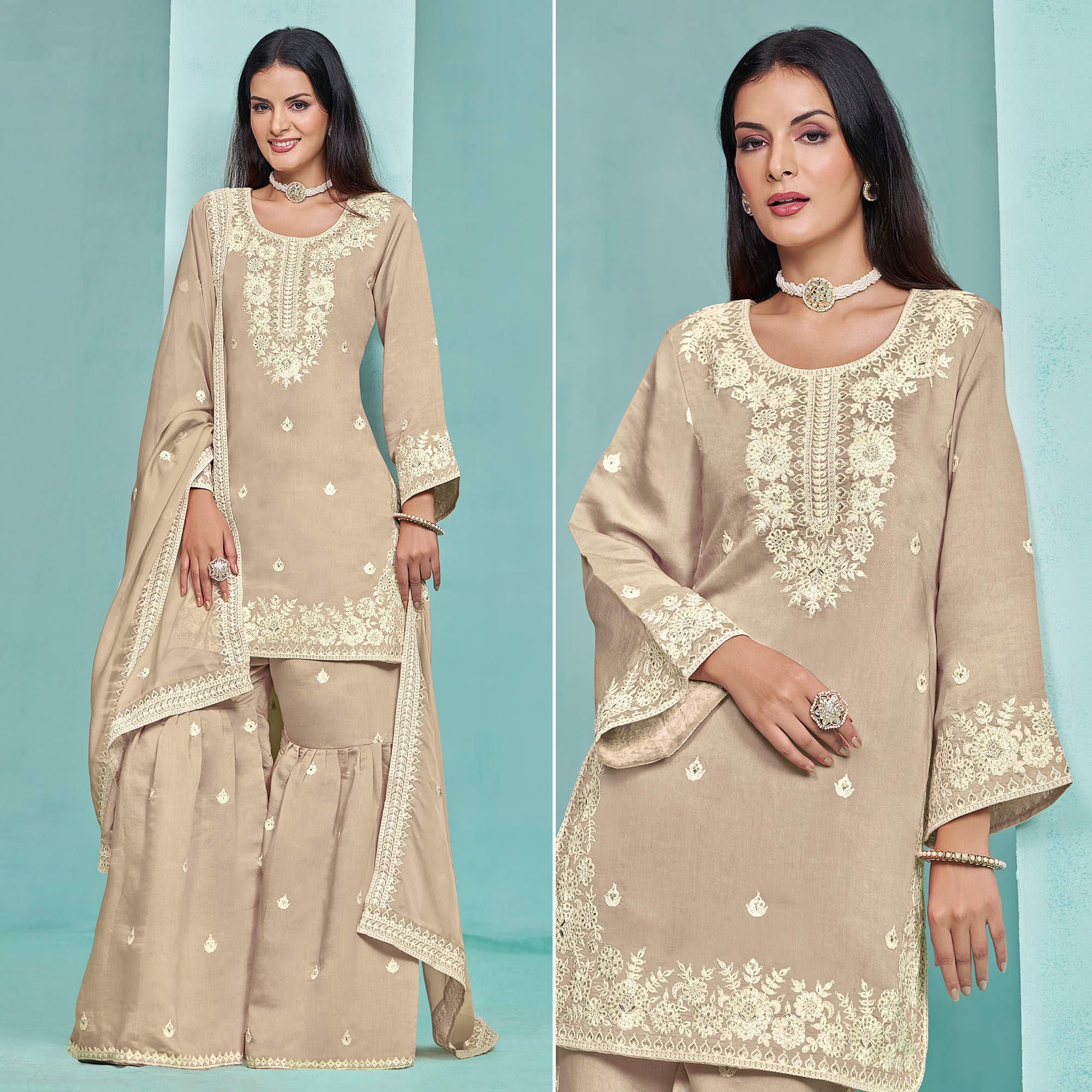 Cream Floral Sequins Embroidered Chanderi Semi Stitched Sharara Suit