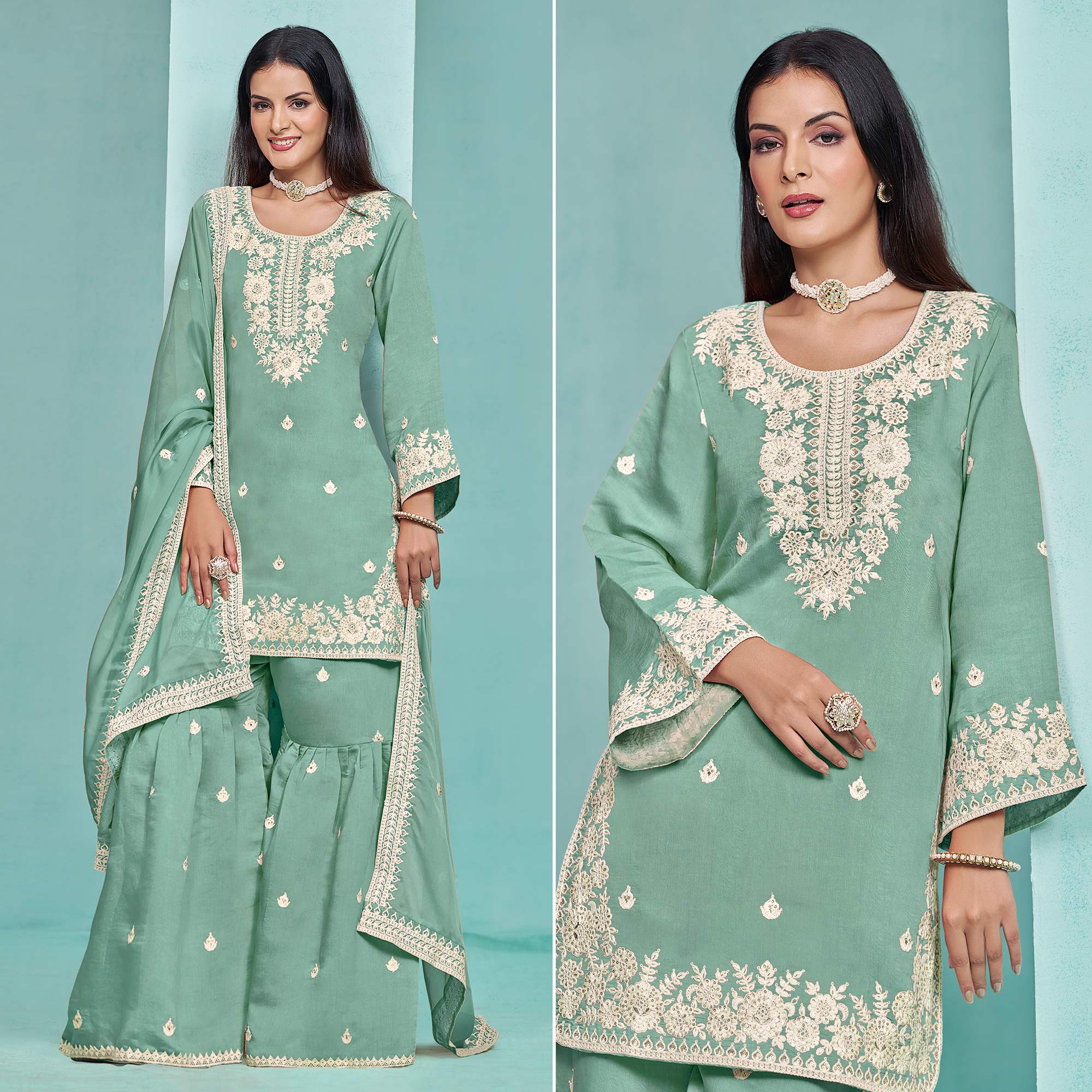 Turquoise Floral Sequins Embroidered Chanderi Semi Stitched Sharara Suit