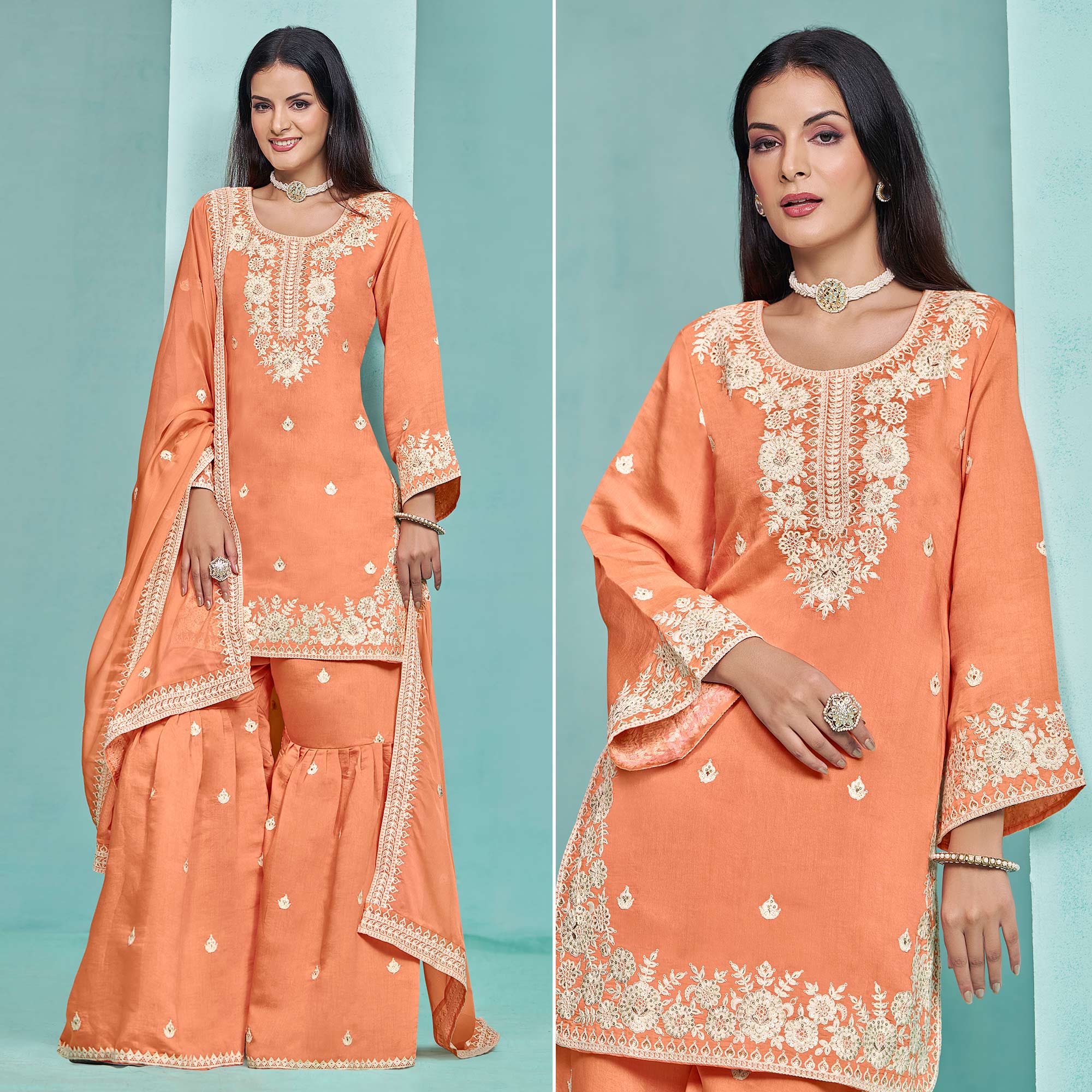 Orange Floral Sequins Embroidered Chanderi Semi Stitched Sharara Suit