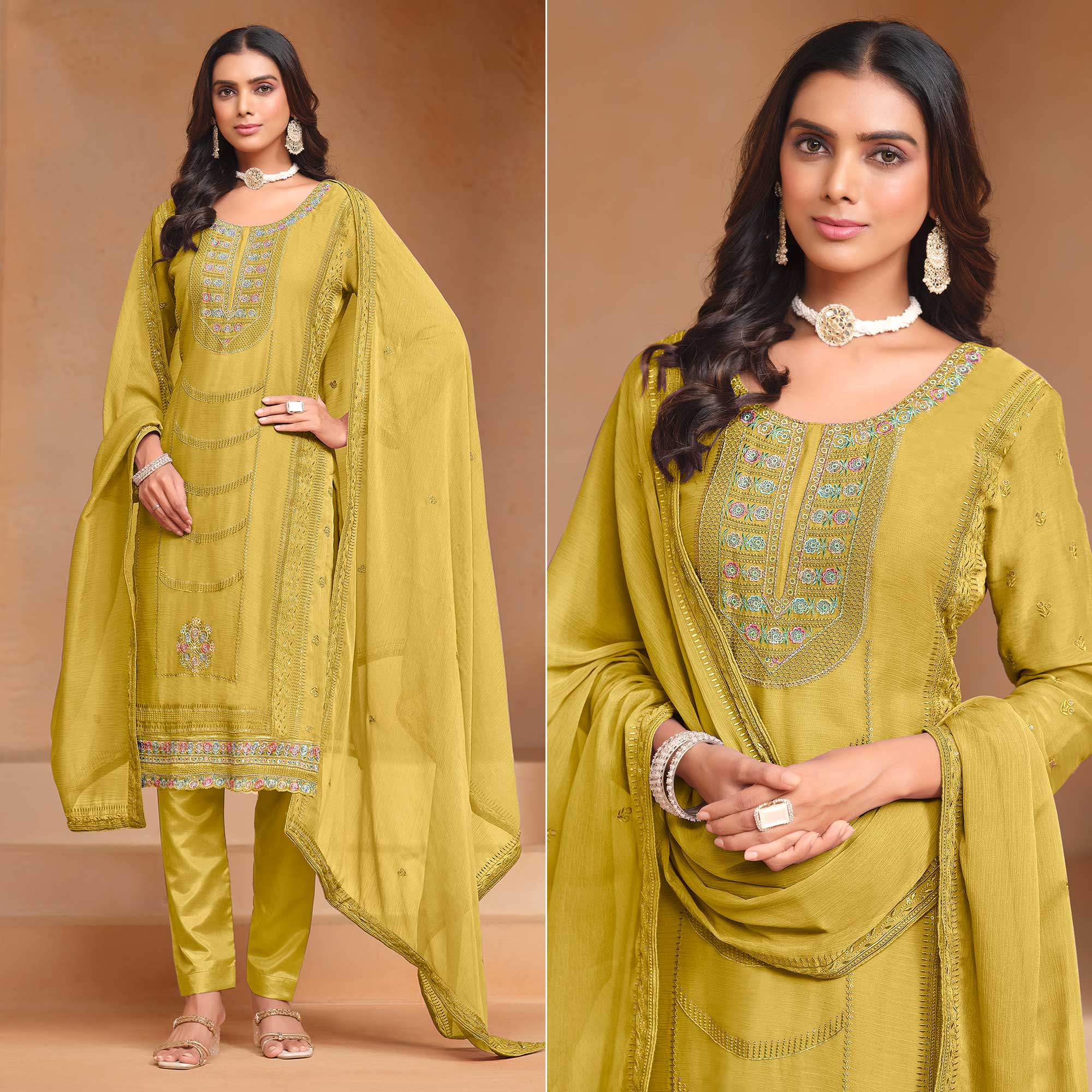 Yellow Floral Embroidered Organza Semi Stitched Salwar Suit