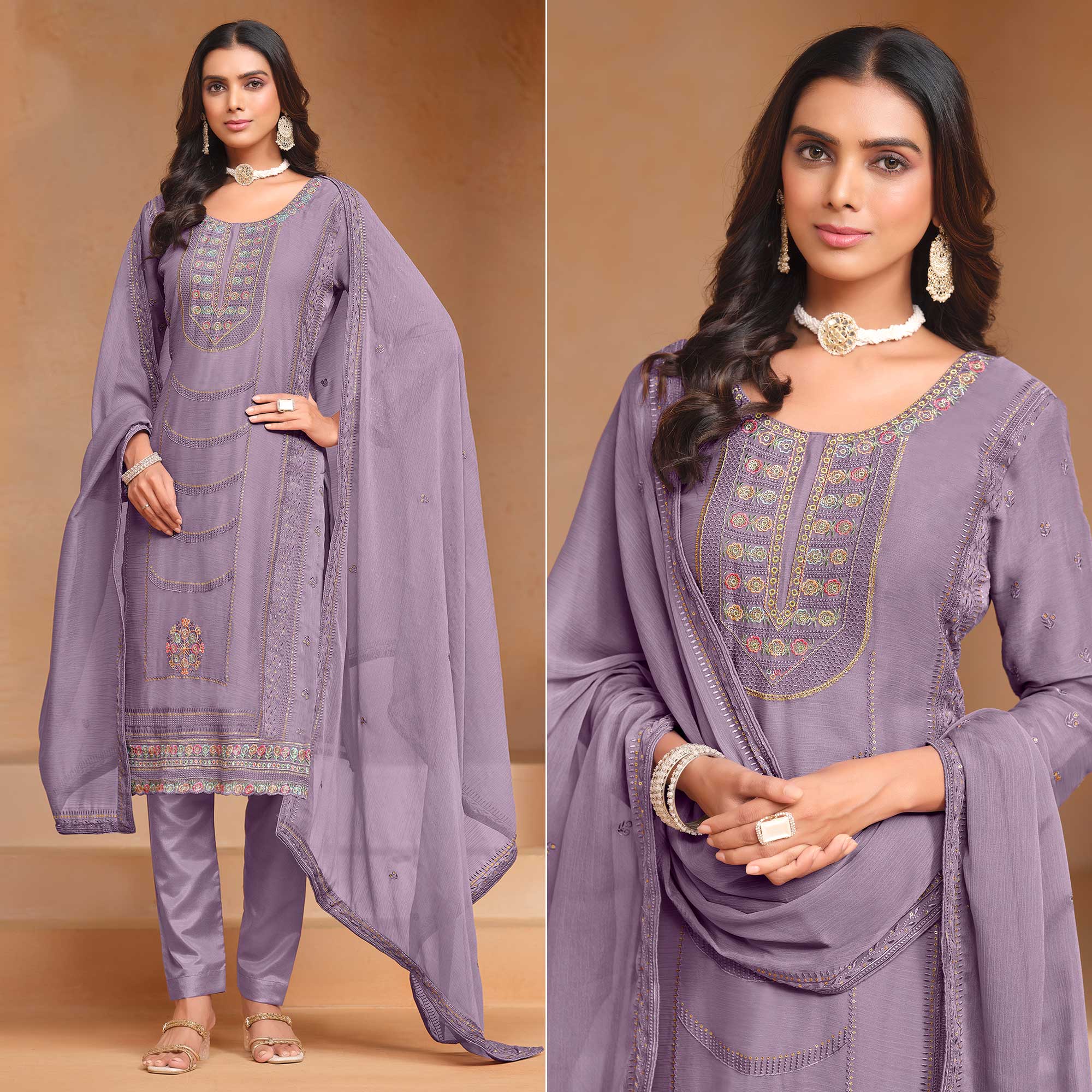 Lavender Floral Embroidered Organza Semi Stitched Salwar Suit