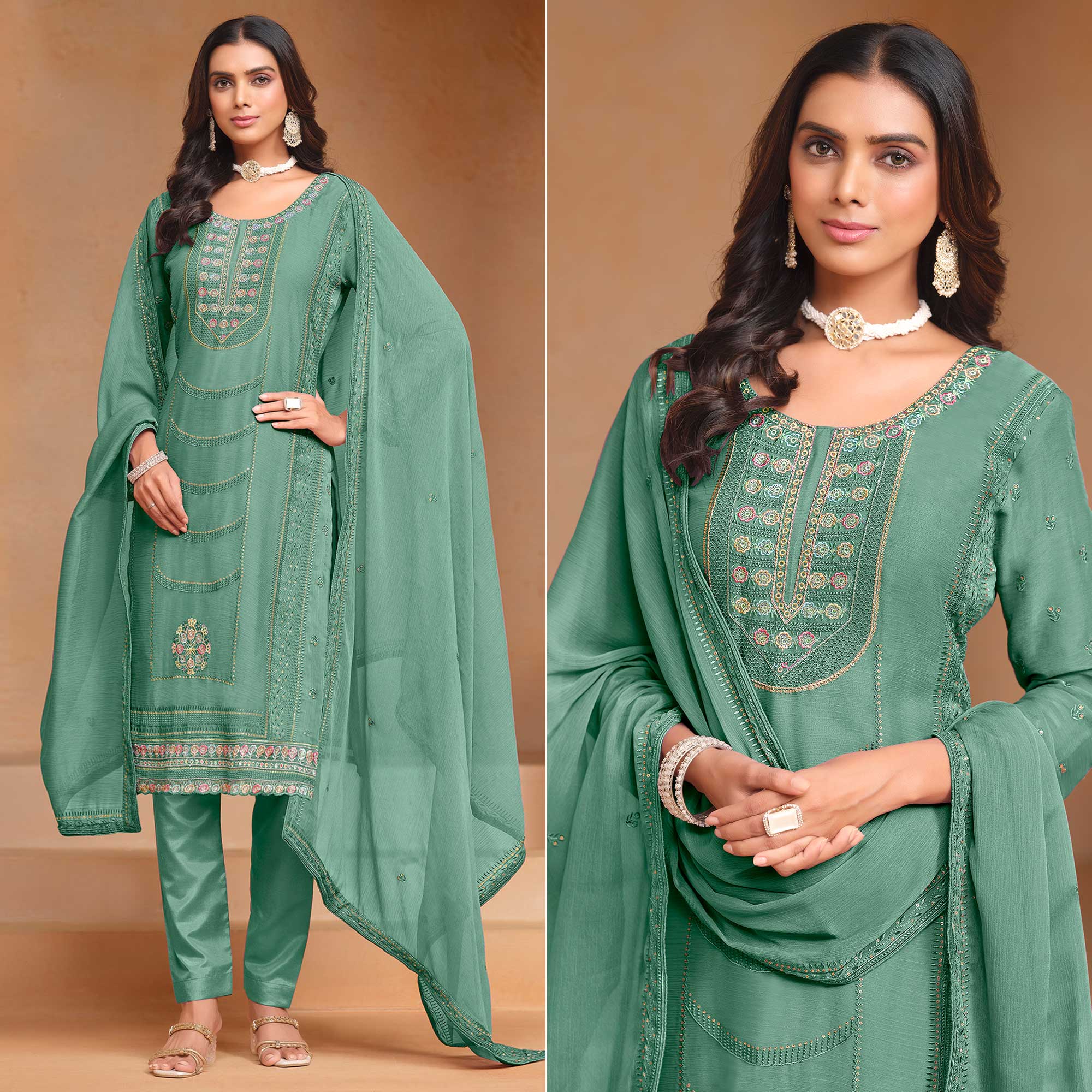 Green Floral Embroidered Organza Semi Stitched Salwar Suit