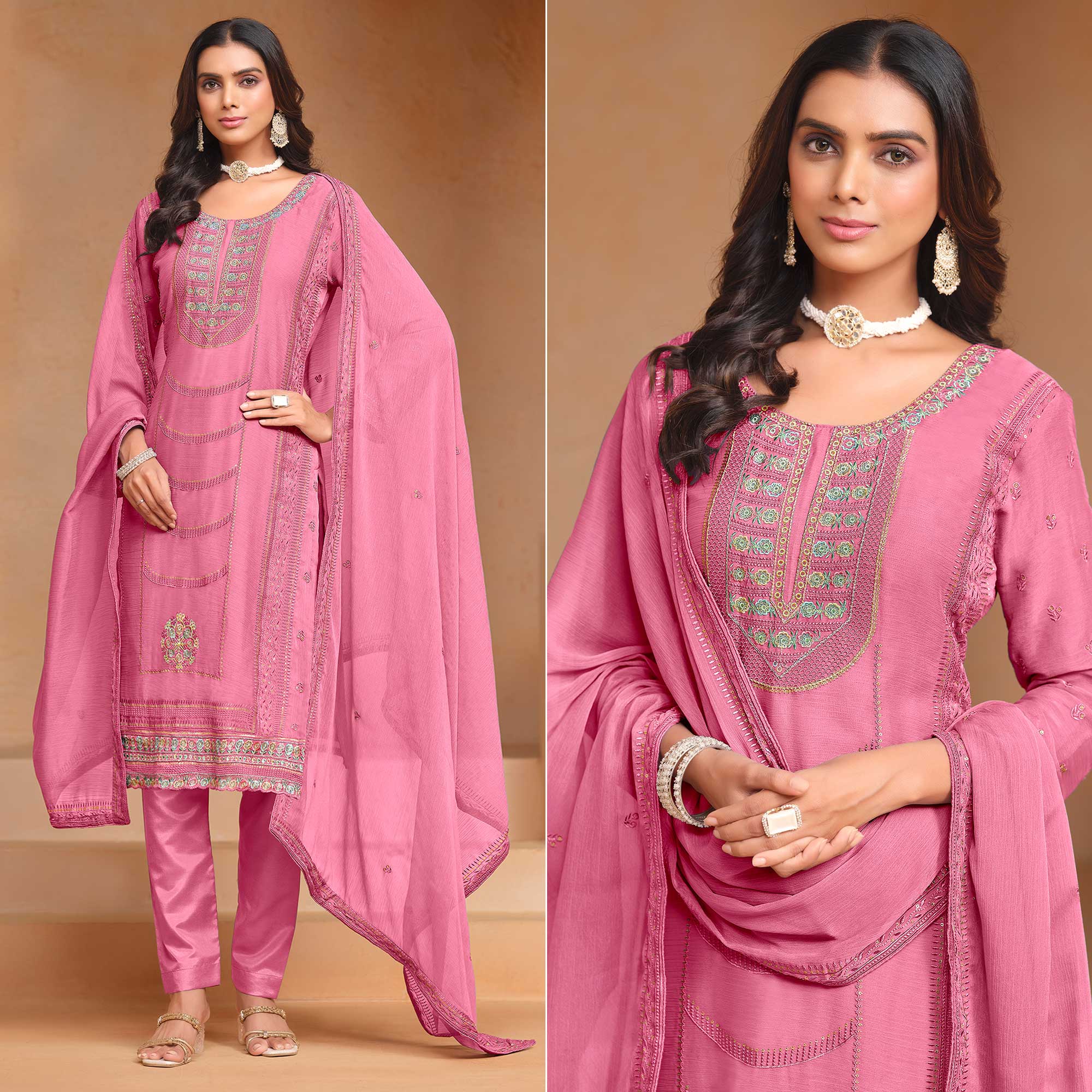 Pink Floral Embroidered Organza Semi Stitched Salwar Suit