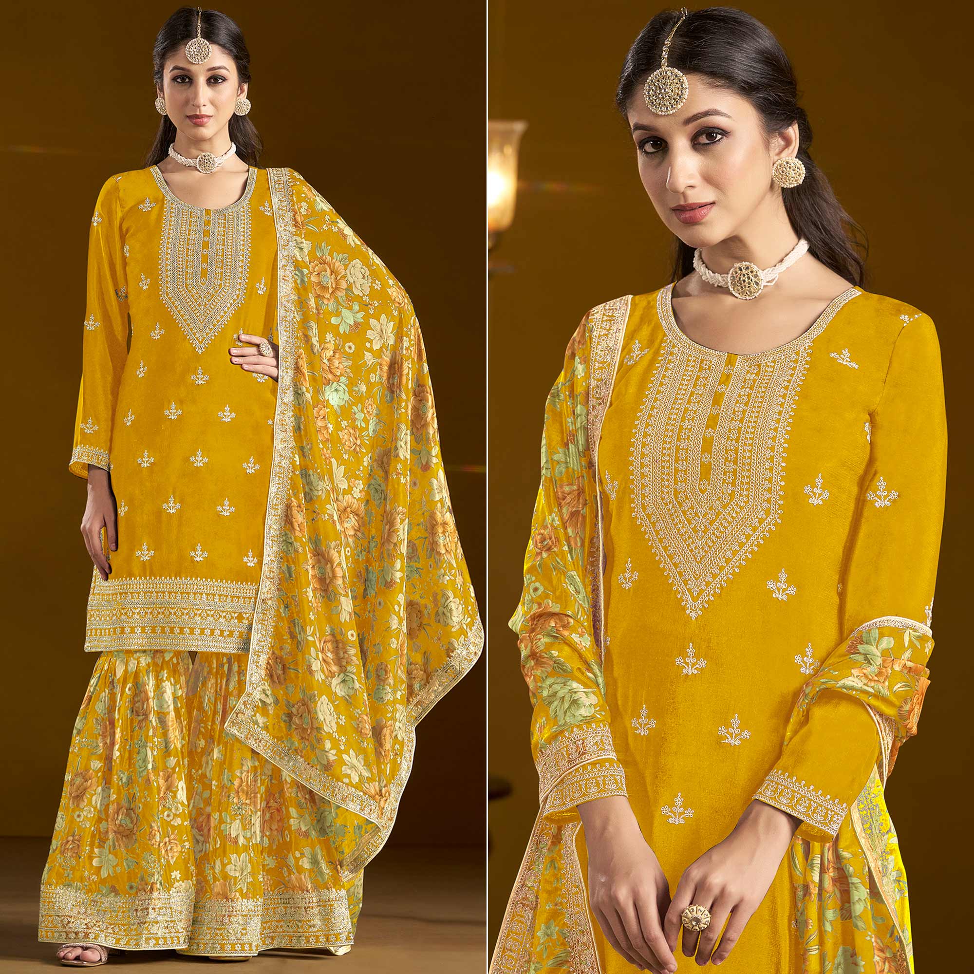 Mustard Floral Embroidered Chinon Semi Stitched Salwar Suit