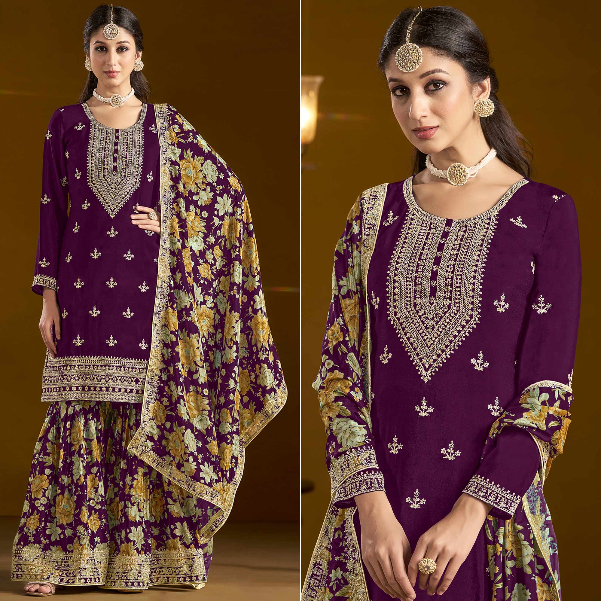 Purple Floral Embroidered Chinon Semi Stitched Salwar Suit