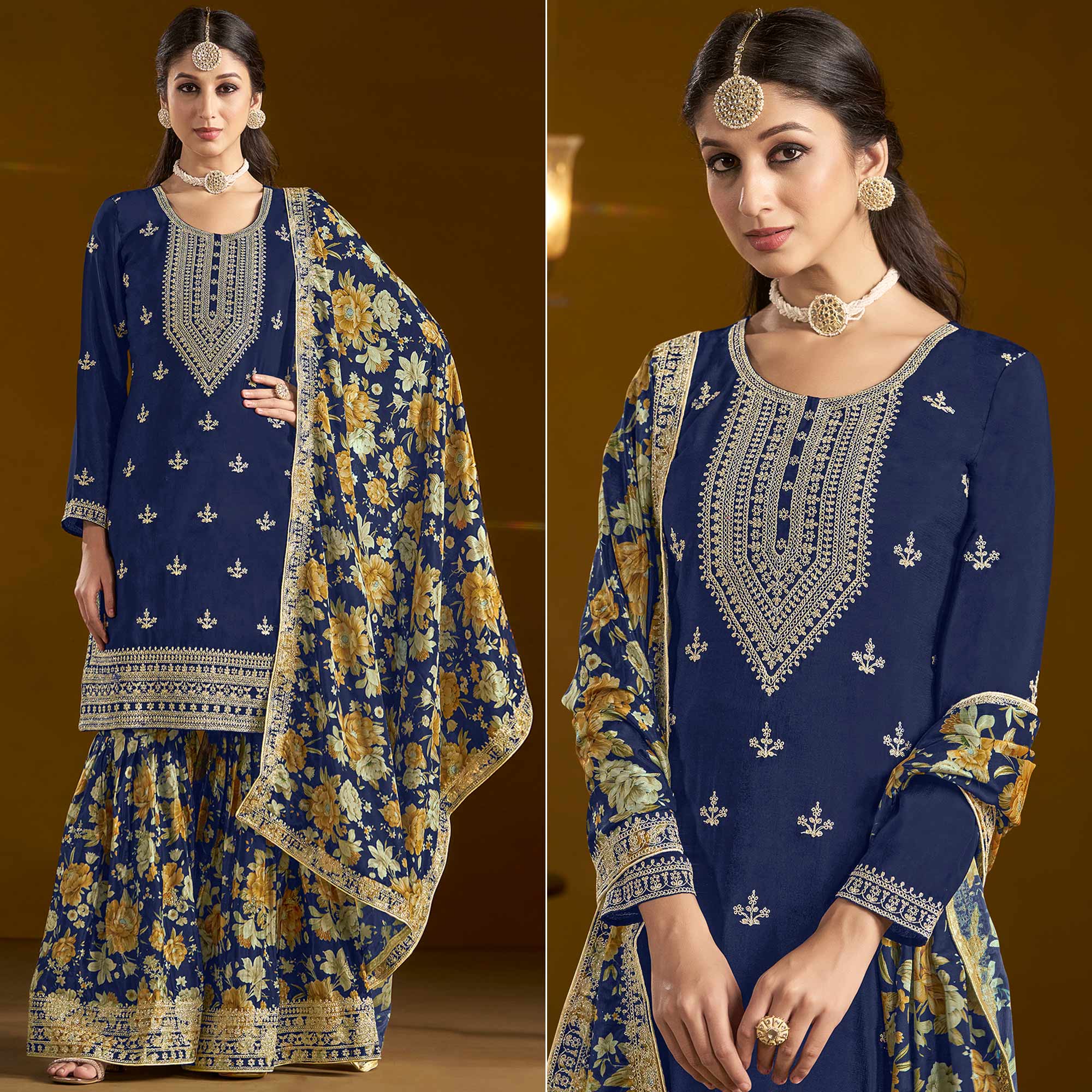 Blue Floral Embroidered Chinon Semi Stitched Salwar Suit