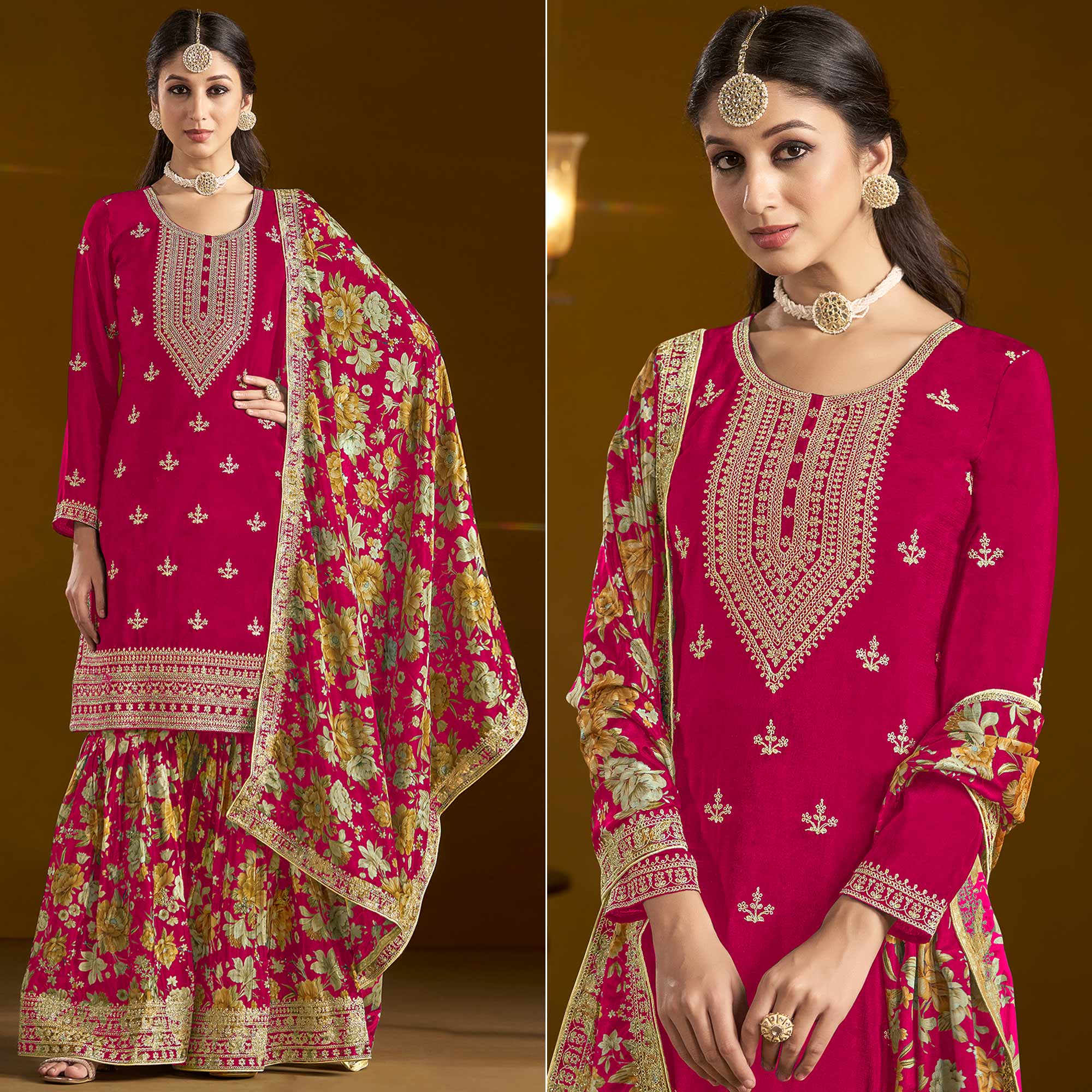 Pink Floral Embroidered Chinon Semi Stitched Salwar Suit