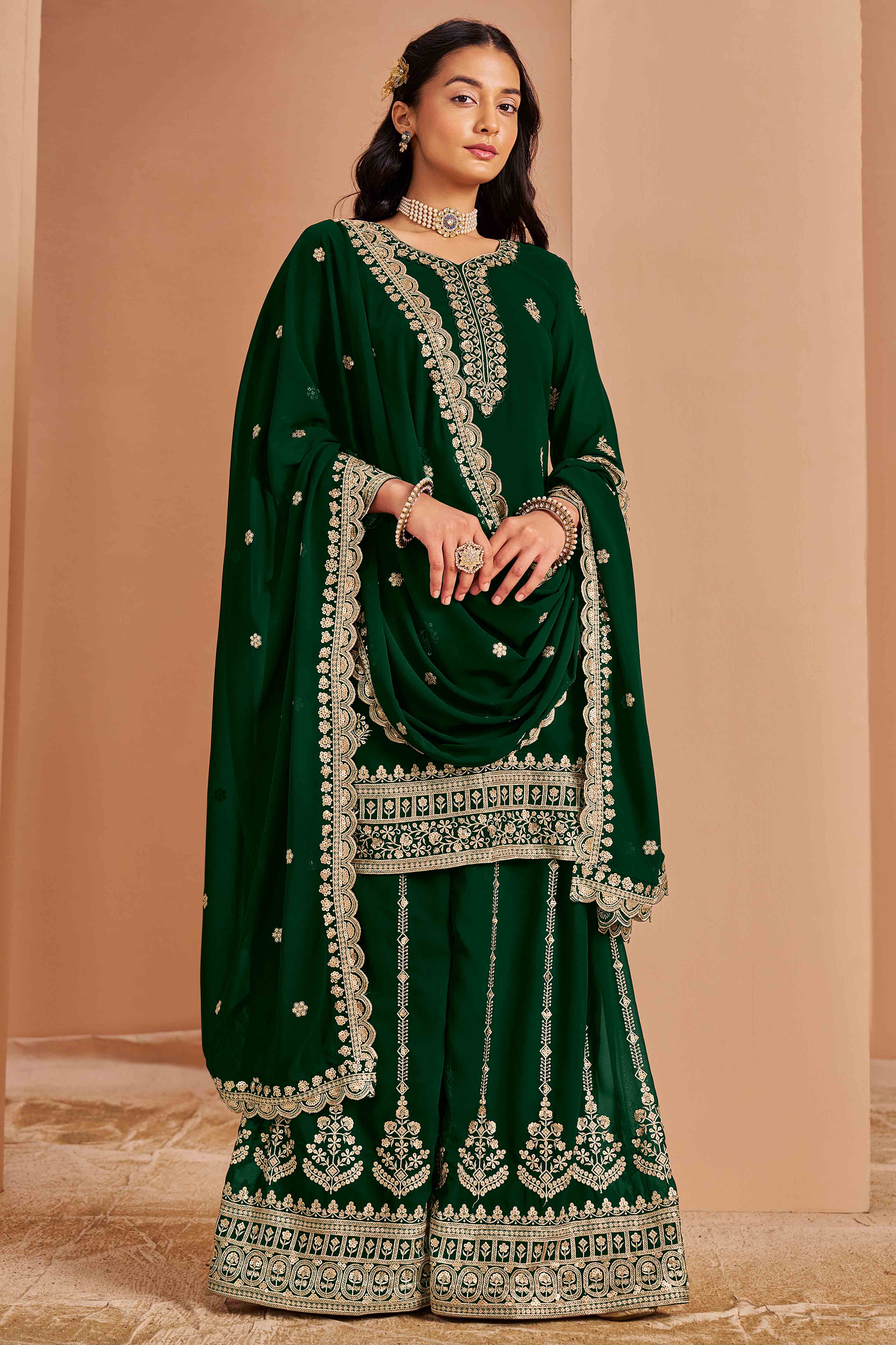 Green Floral Embroidery Georgette Semi Stitched Palazzo Suit