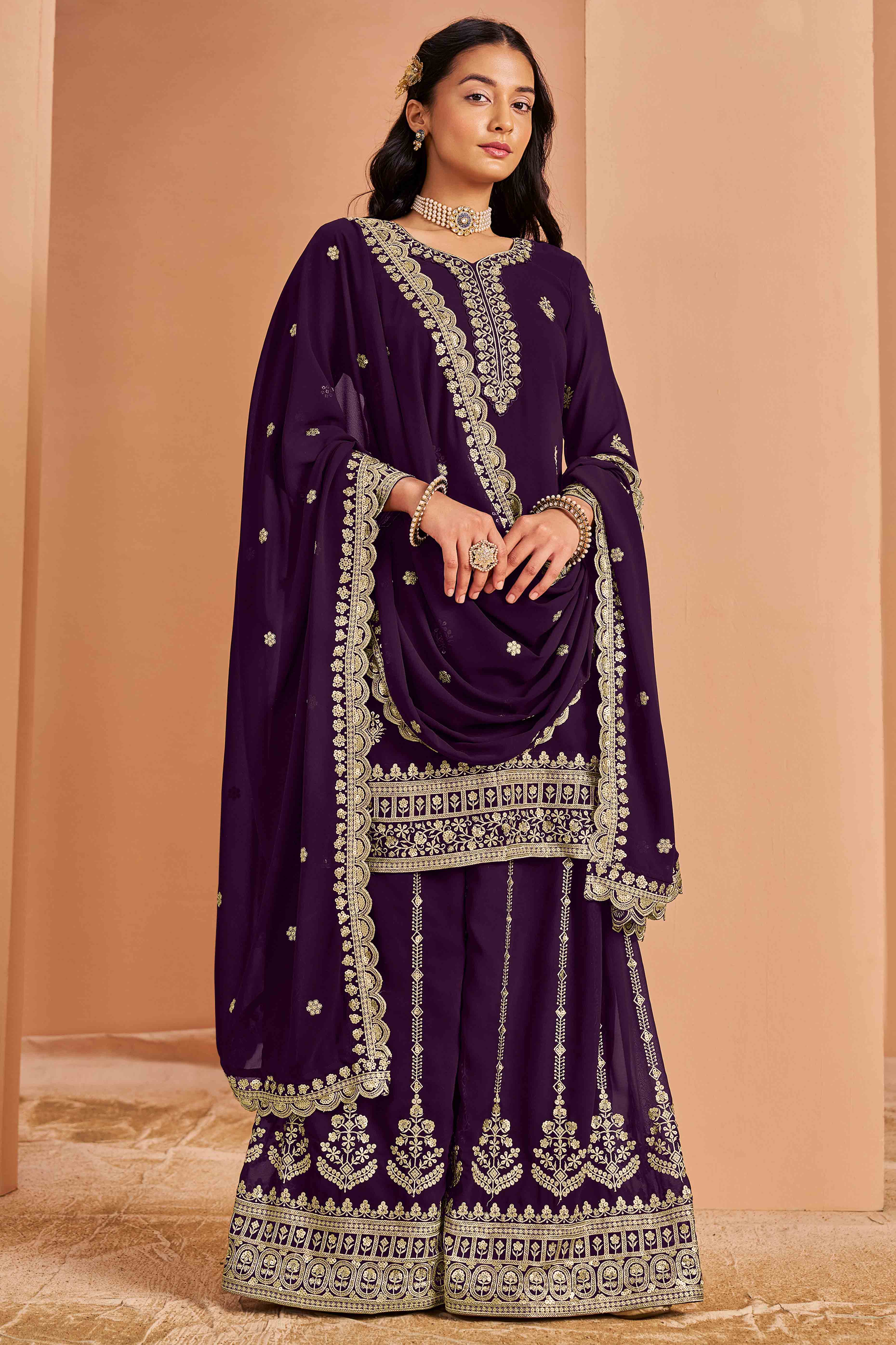 Purple Floral Embroidery Georgette Semi Stitched Palazzo Suit