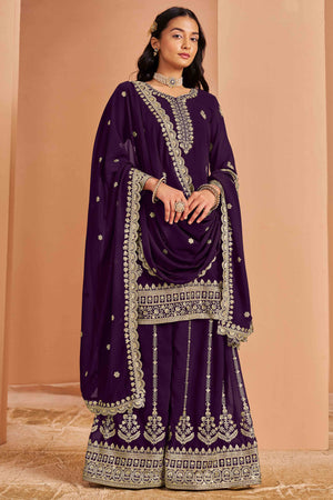 Purple Floral Embroidery Georgette Semi Stitched Palazzo Suit