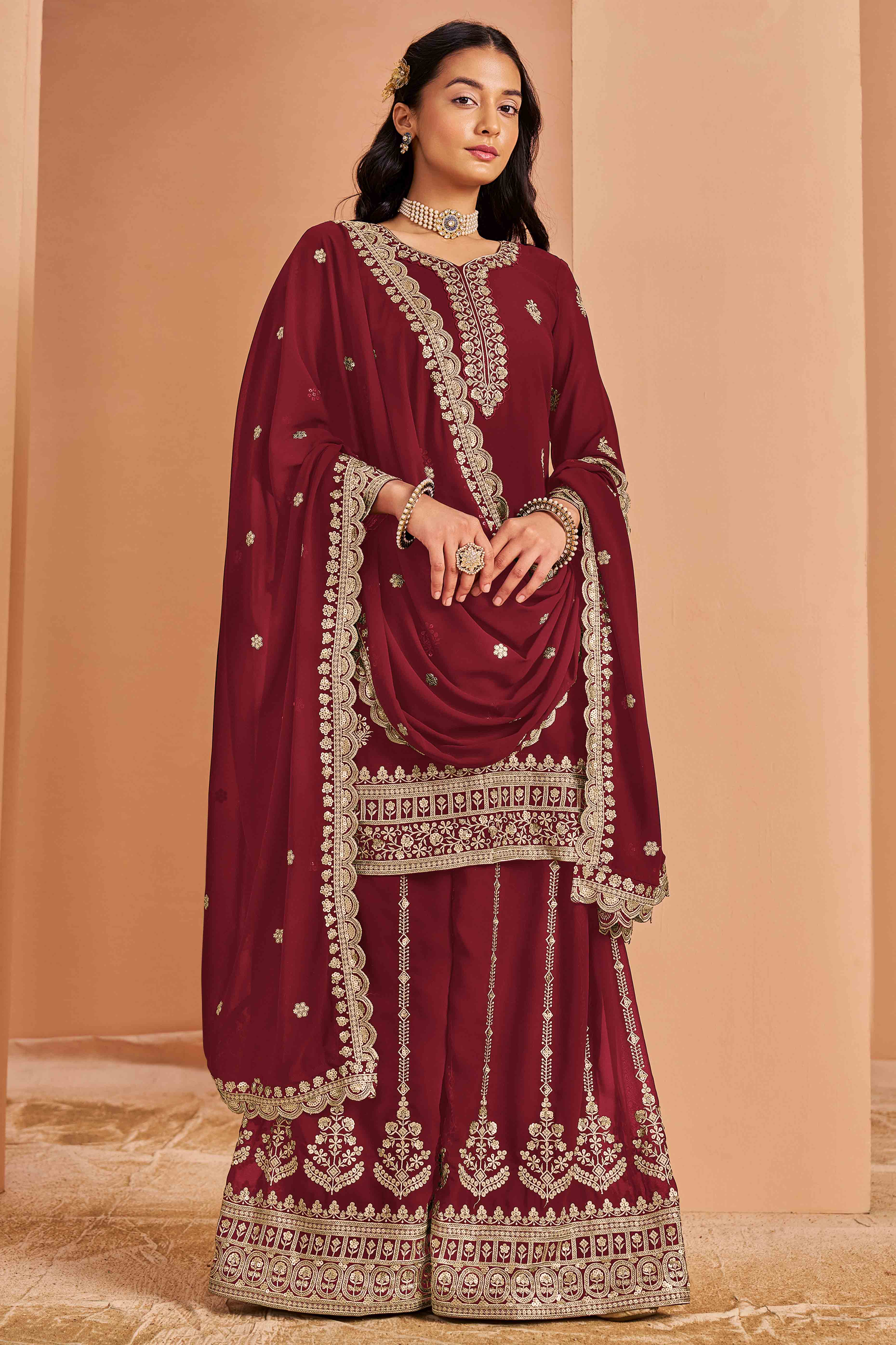 Maroon Floral Embroidery Georgette Semi Stitched Palazzo Suit