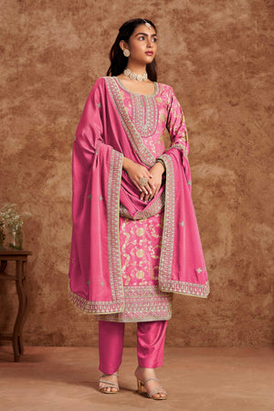 Pink Floral Woven Dola Silk Jacquard Dress Material