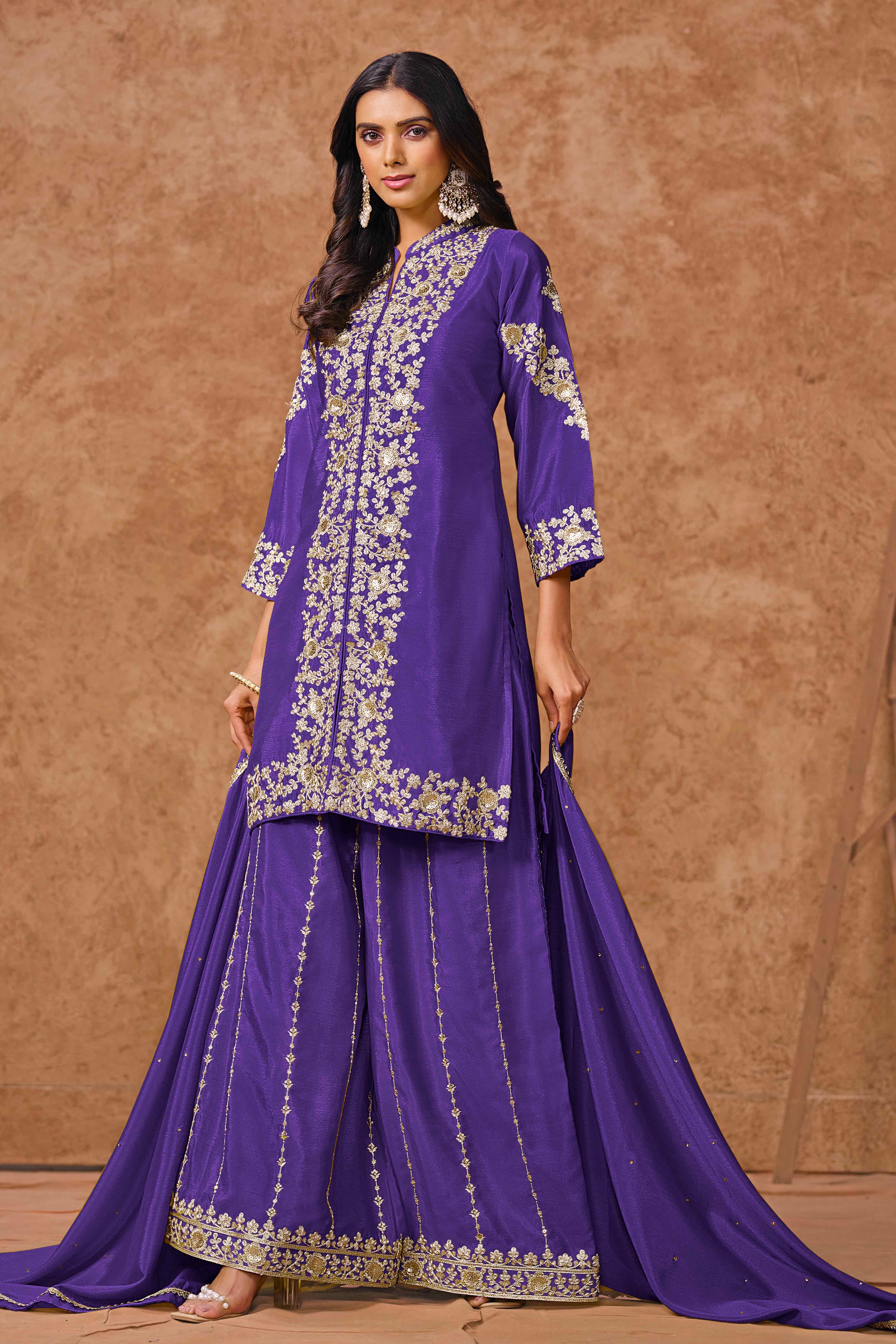 Violet Chinon Palazzo Suit With Floral Sequins & Cording Embroidery Work