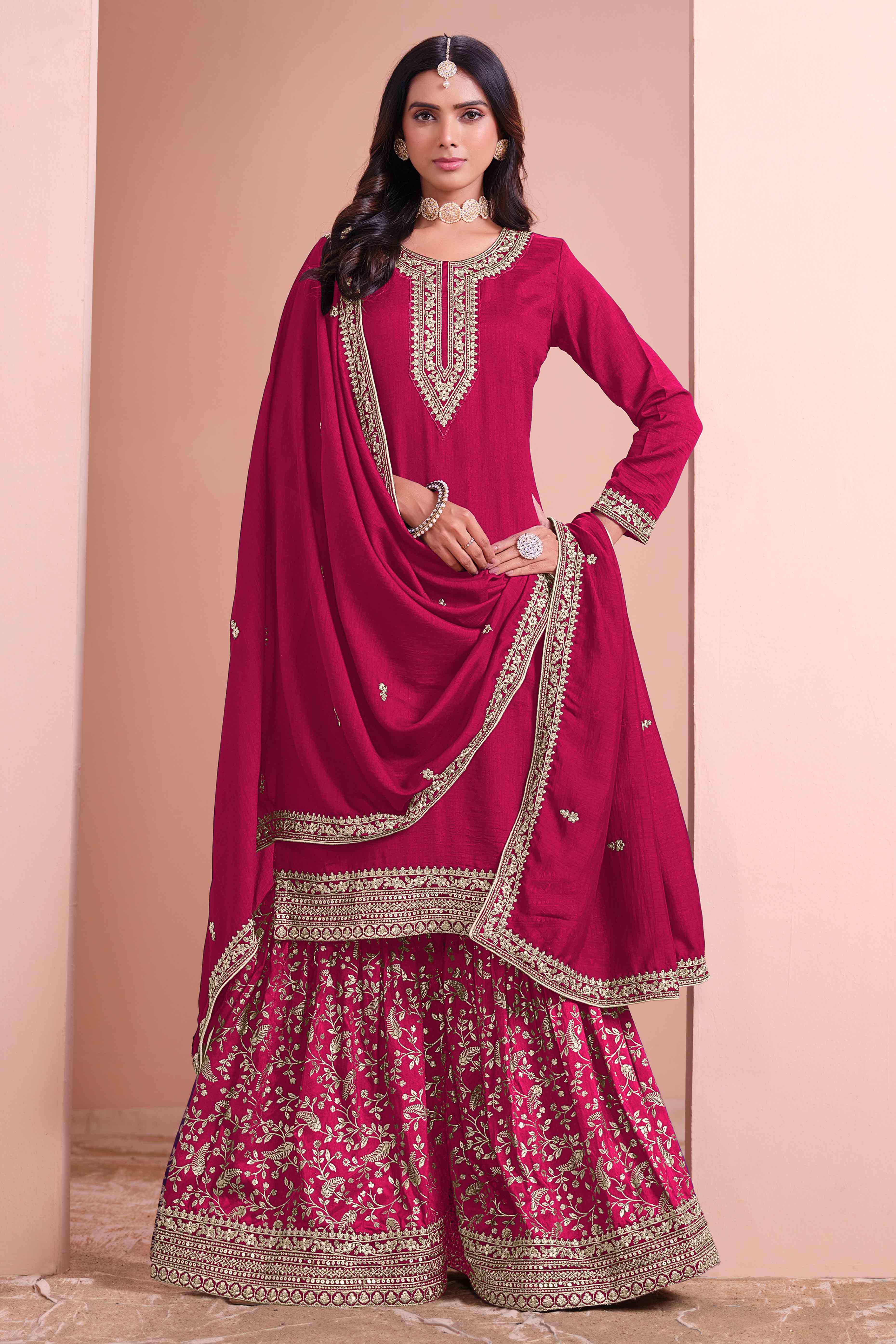 Pink Floral Semi-Stitched Art Silk Sharara Suit With Sequins Embroidery Work