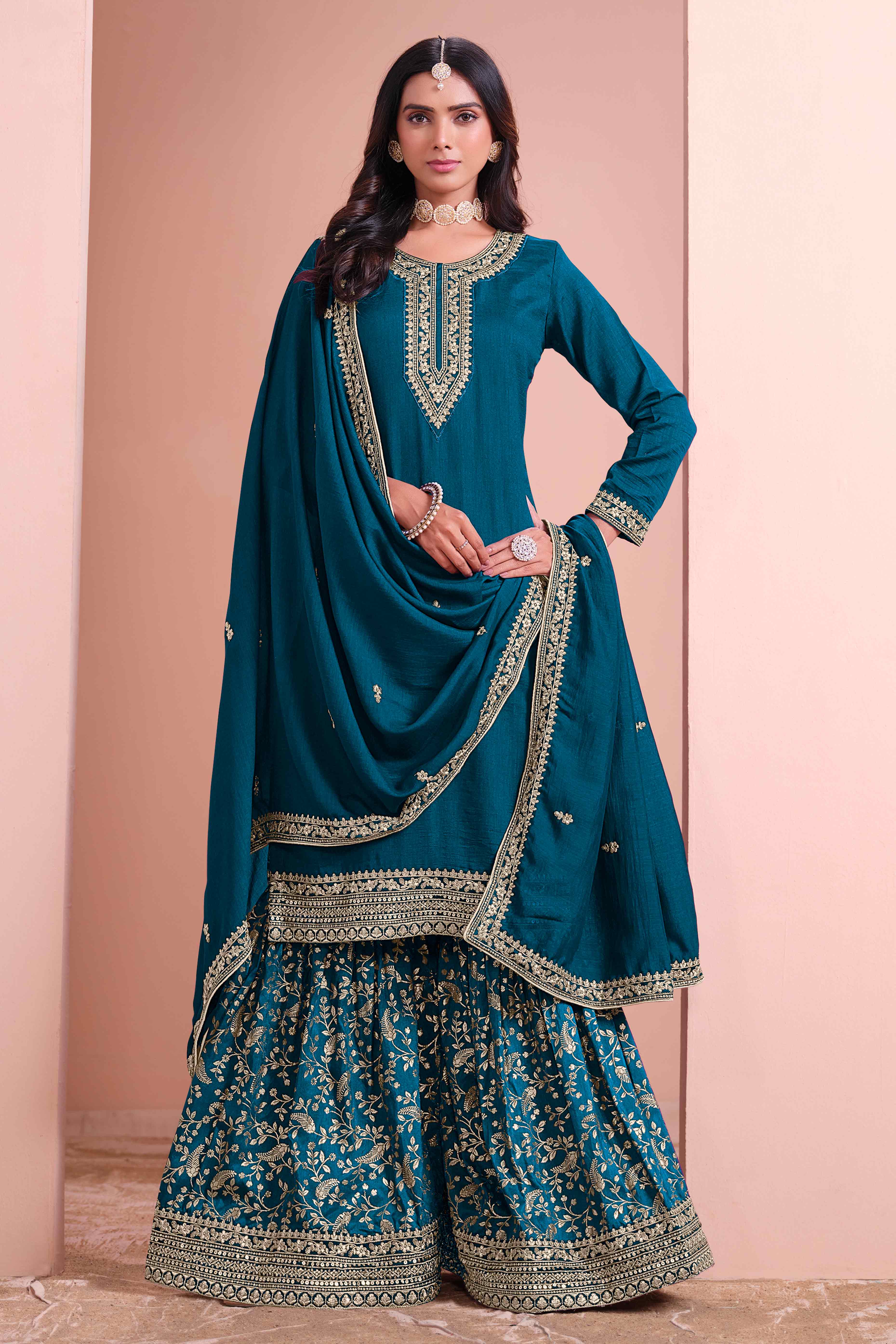 Morpich Floral Semi-Stitched Art Silk Sharara Suit With Sequins Embroidery Work