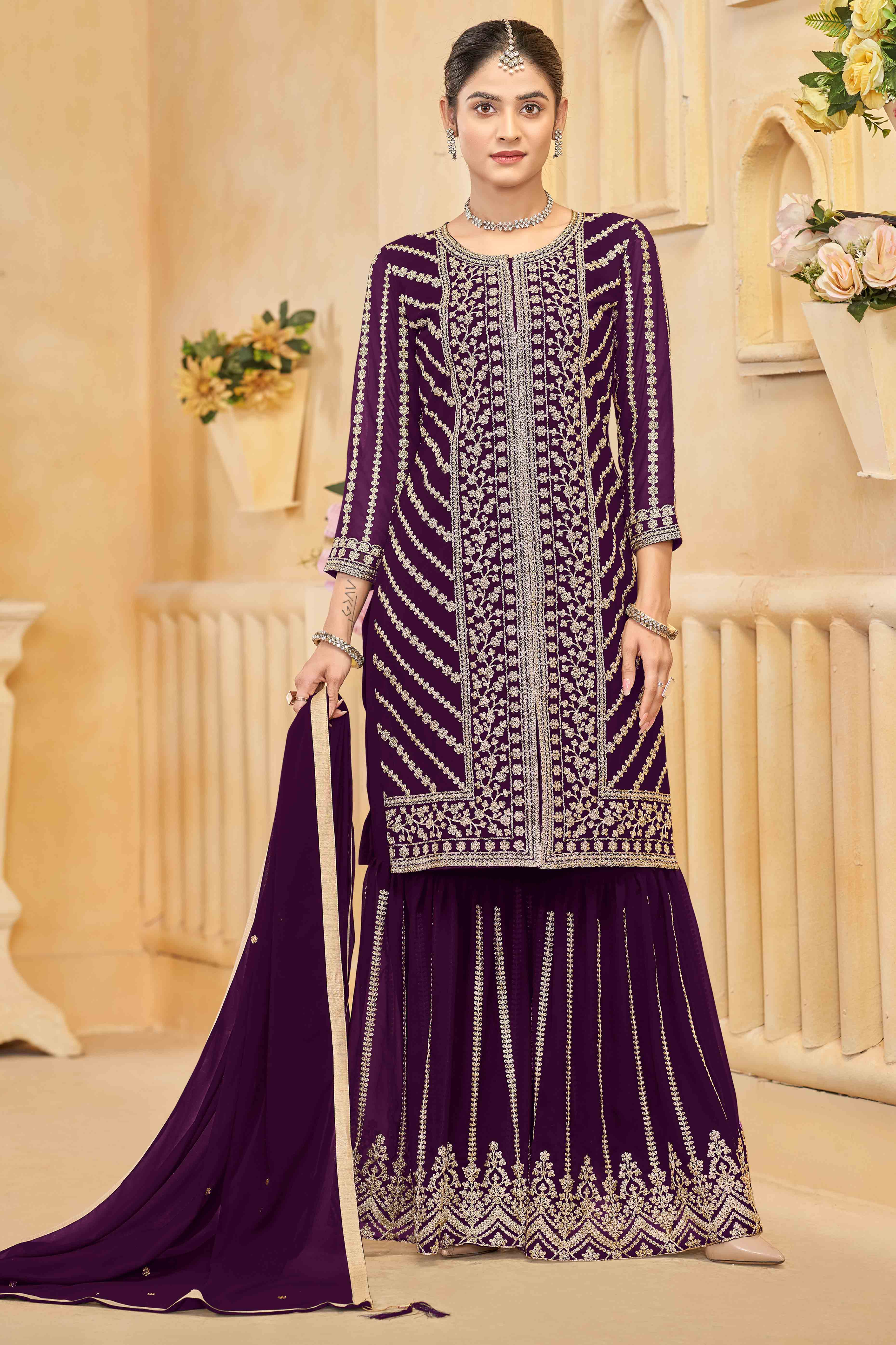 Wine Georgette Palazzo Suit Adorned With Floral Sequins & Cording Embroidery