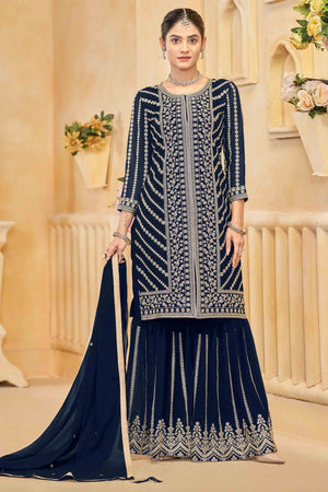 Navy Blue Georgette Palazzo Suit Adorned With Floral Sequins & Cording Embroidery