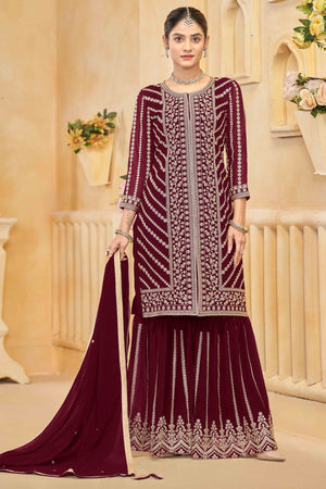Maroon Georgette Palazzo Suit Adorned With Floral Sequins & Cording Embroidery