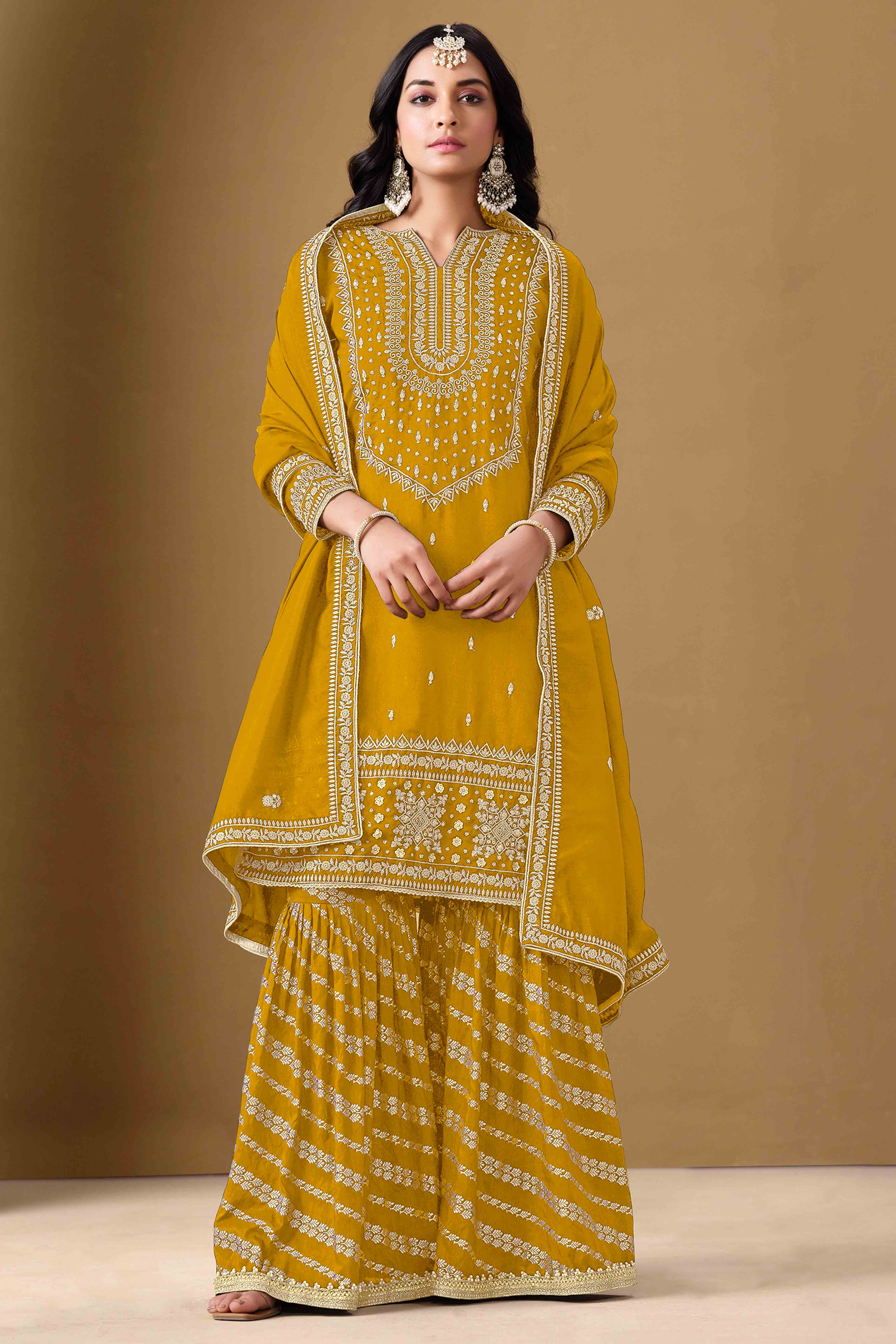 Mustard Art Silk Sharara Suit With Floral Sequins Embroidery Work