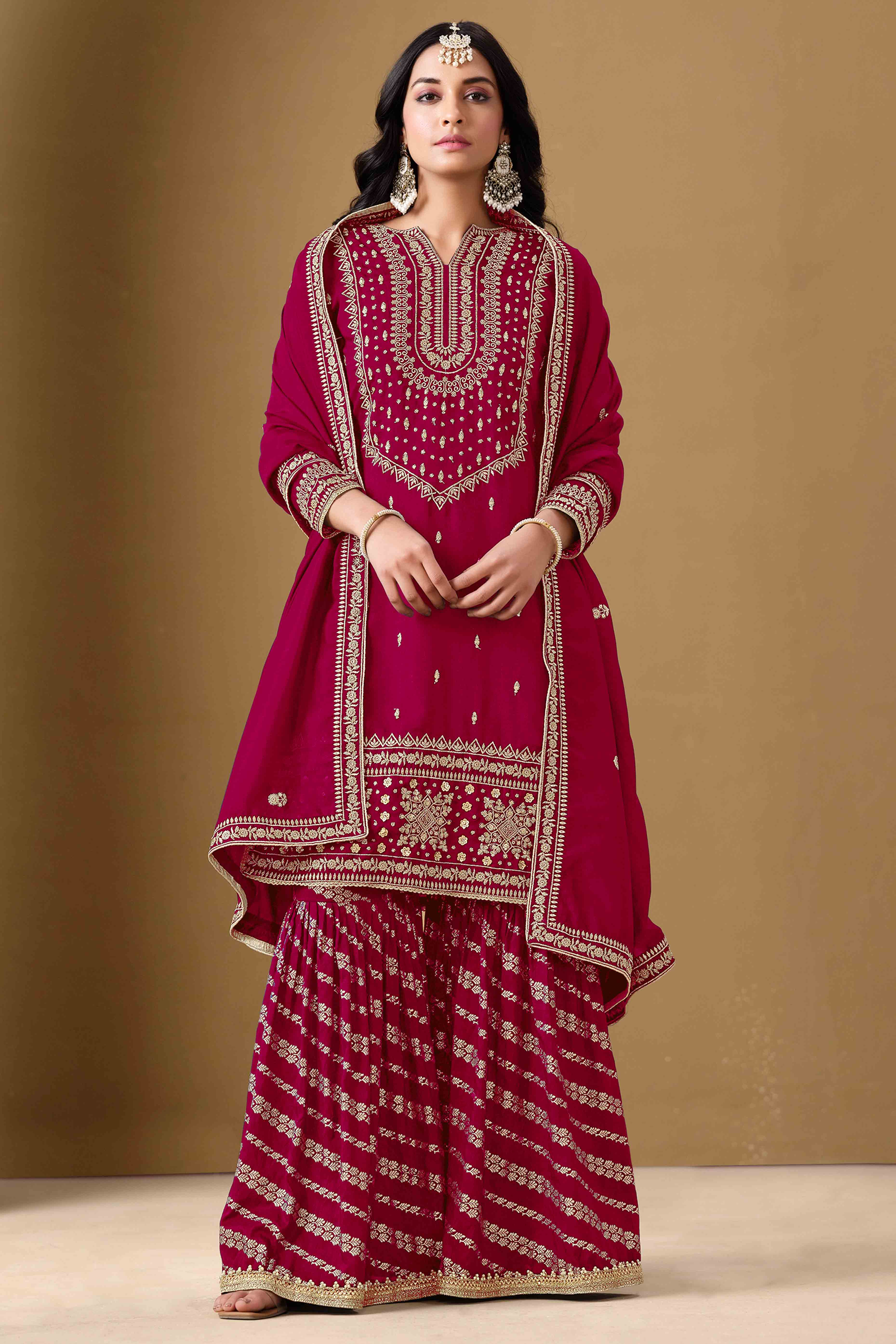 Pink Art Silk Sharara Suit With Floral Sequins Embroidery Work