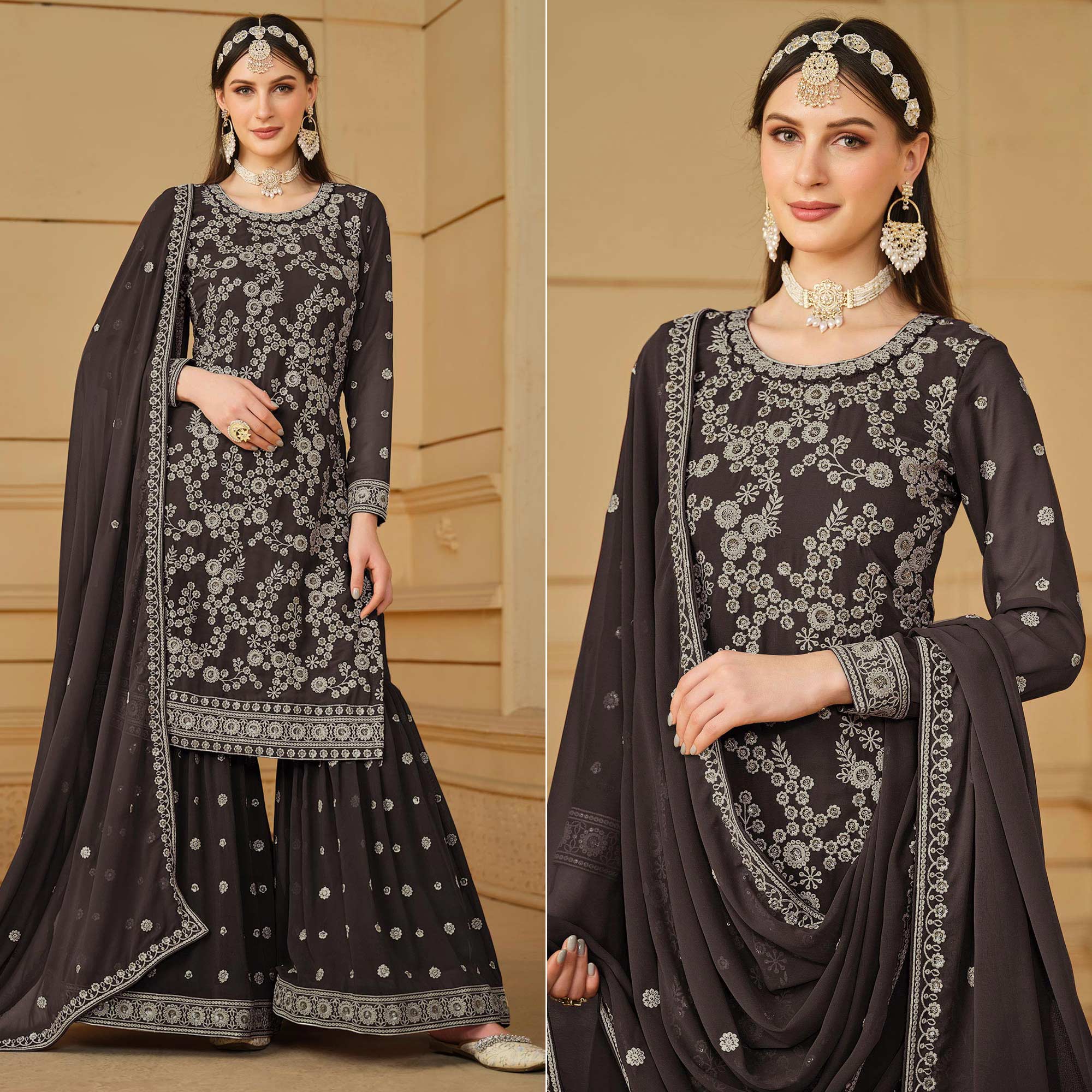 Dark Grey Floral Embroidered Georgette Semi Stitched Sharara Suit