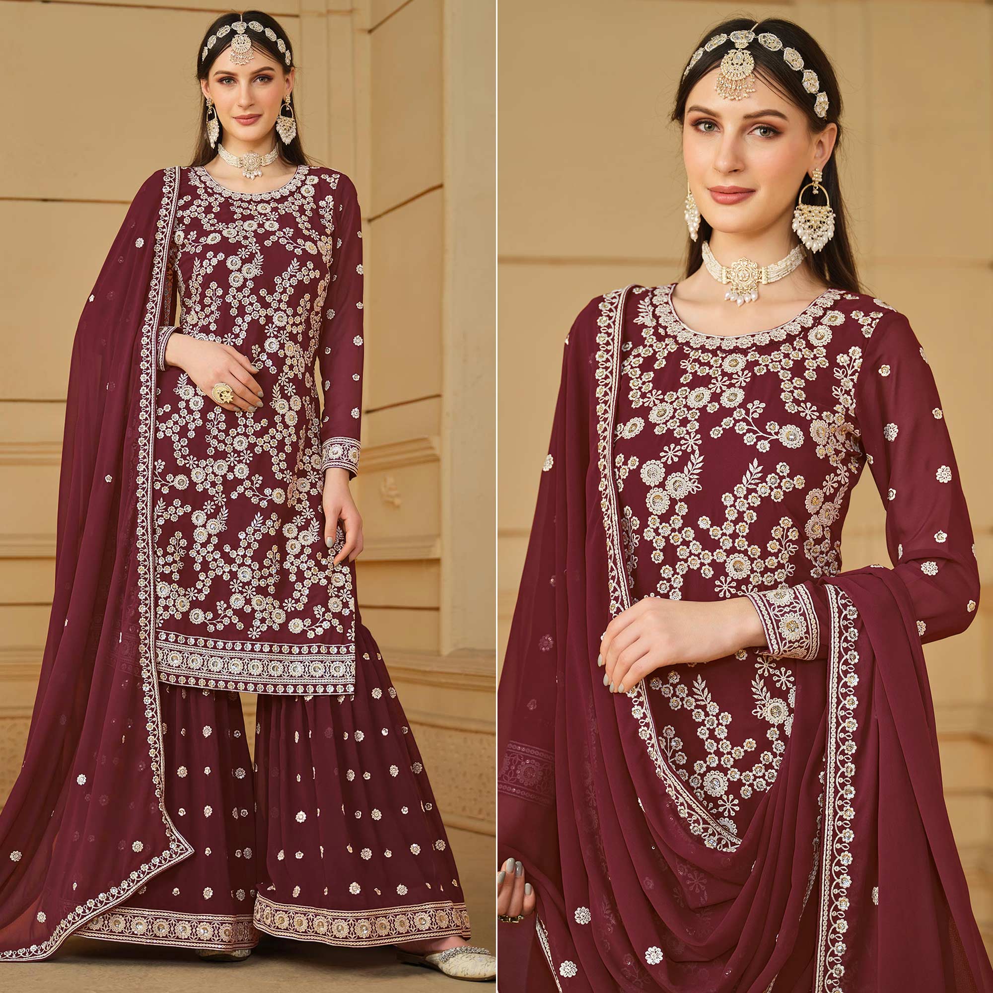 Wine Floral Embroidered Georgette Semi Stitched Sharara Suit