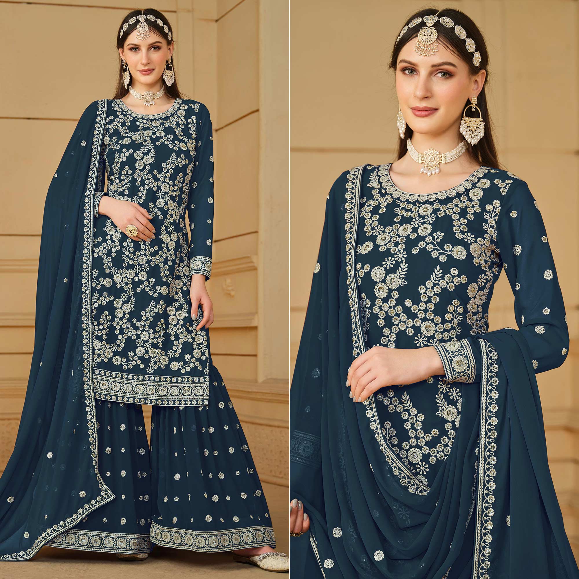 Teal Floral Embroidered Georgette Semi Stitched Sharara Suit