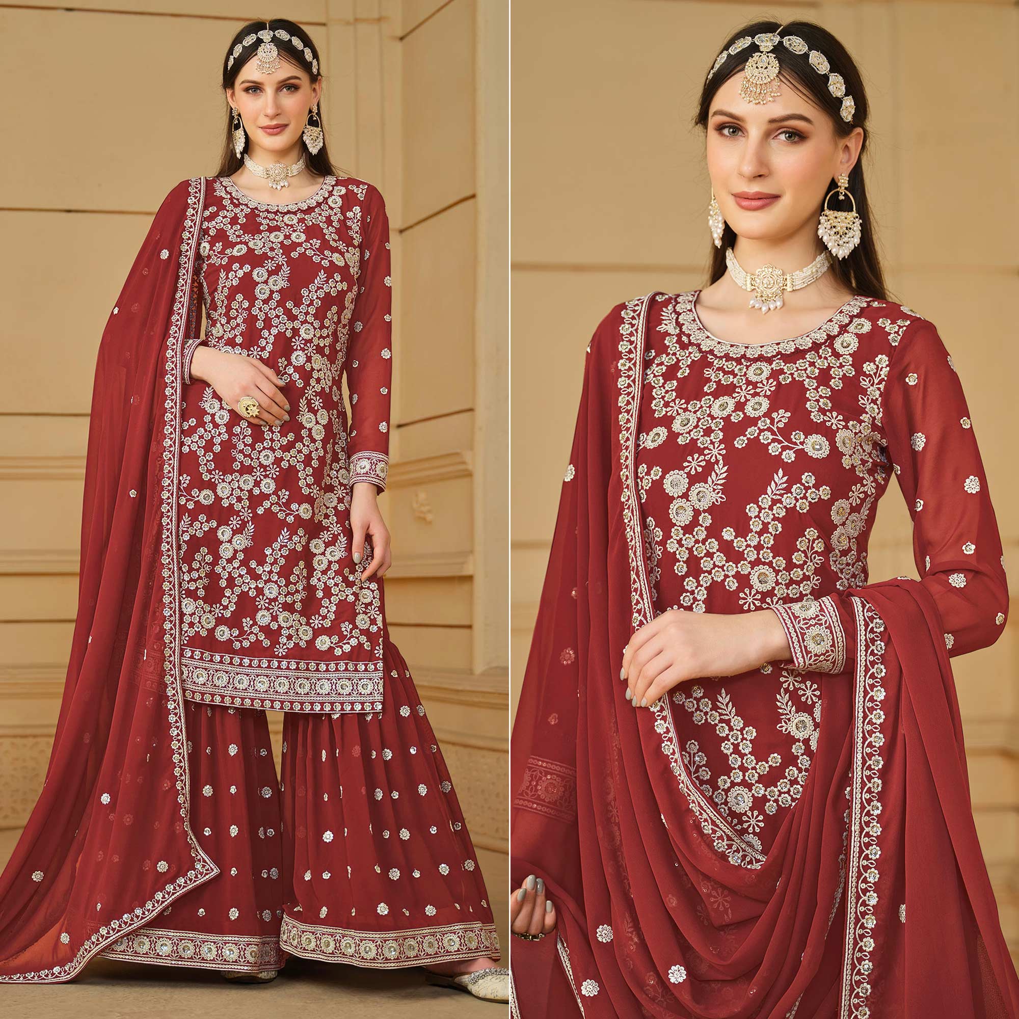 Rust Floral Embroidered Georgette Semi Stitched Sharara Suit