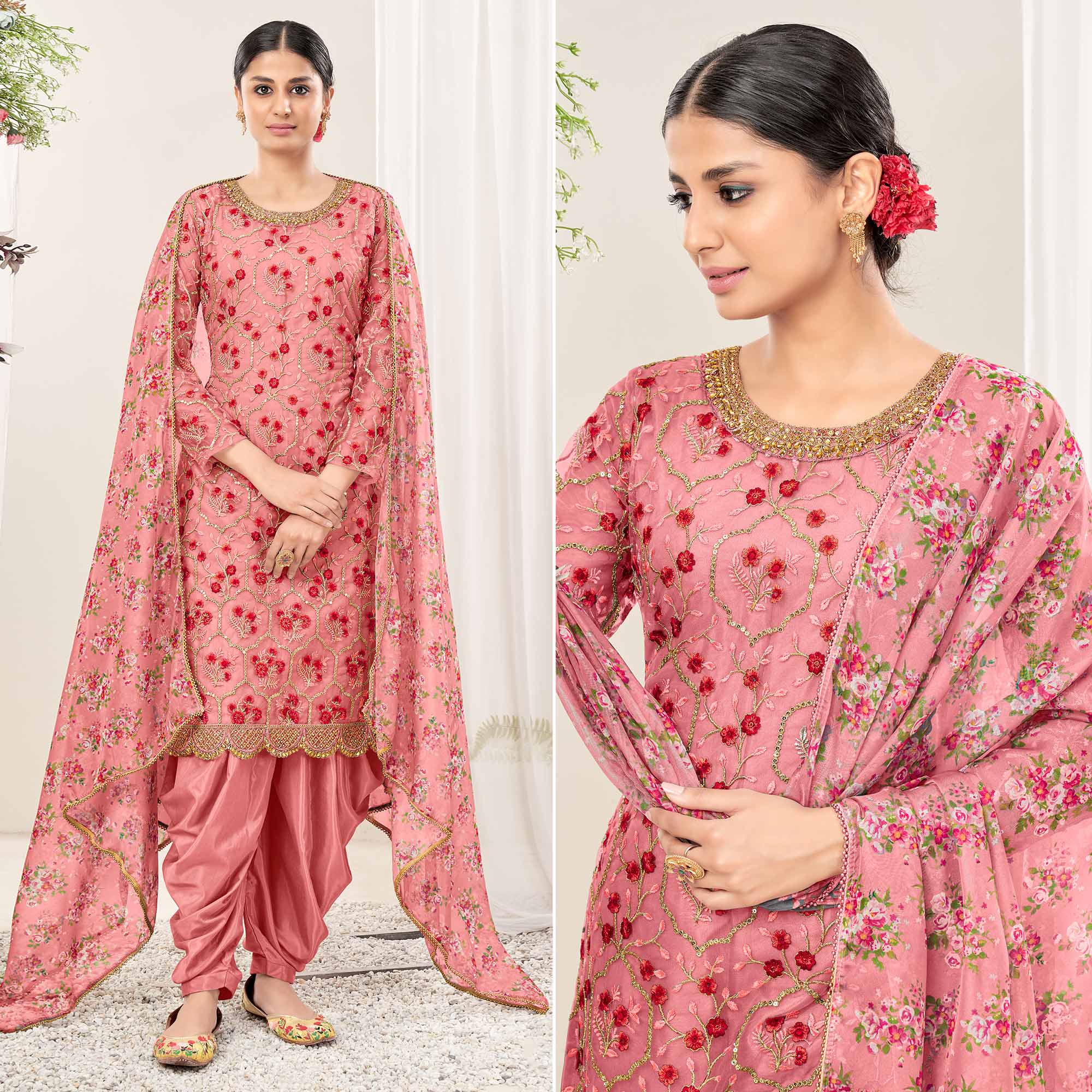 Pink Floral Sequins Embroidered Net Patiala Suit