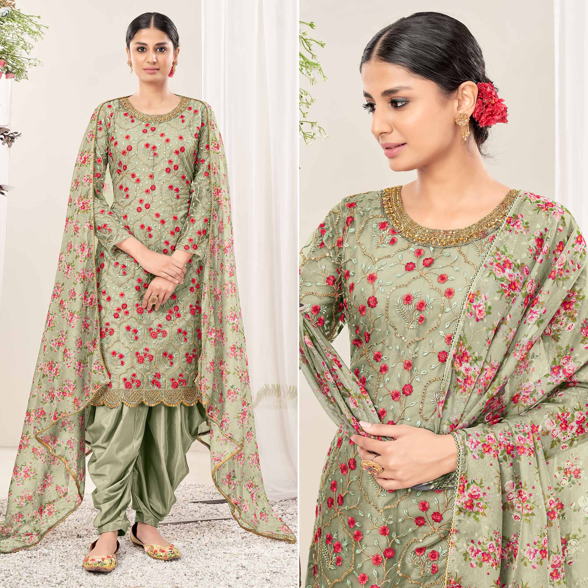 Green Floral Sequins Embroidered Net Patiala Suit