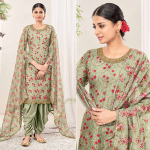 Green Floral Sequins Embroidered Net Patiala Suit