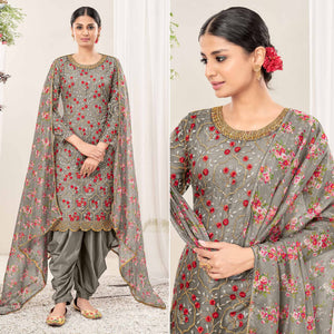 Grey Floral Sequins Embroidered Net Patiala Suit