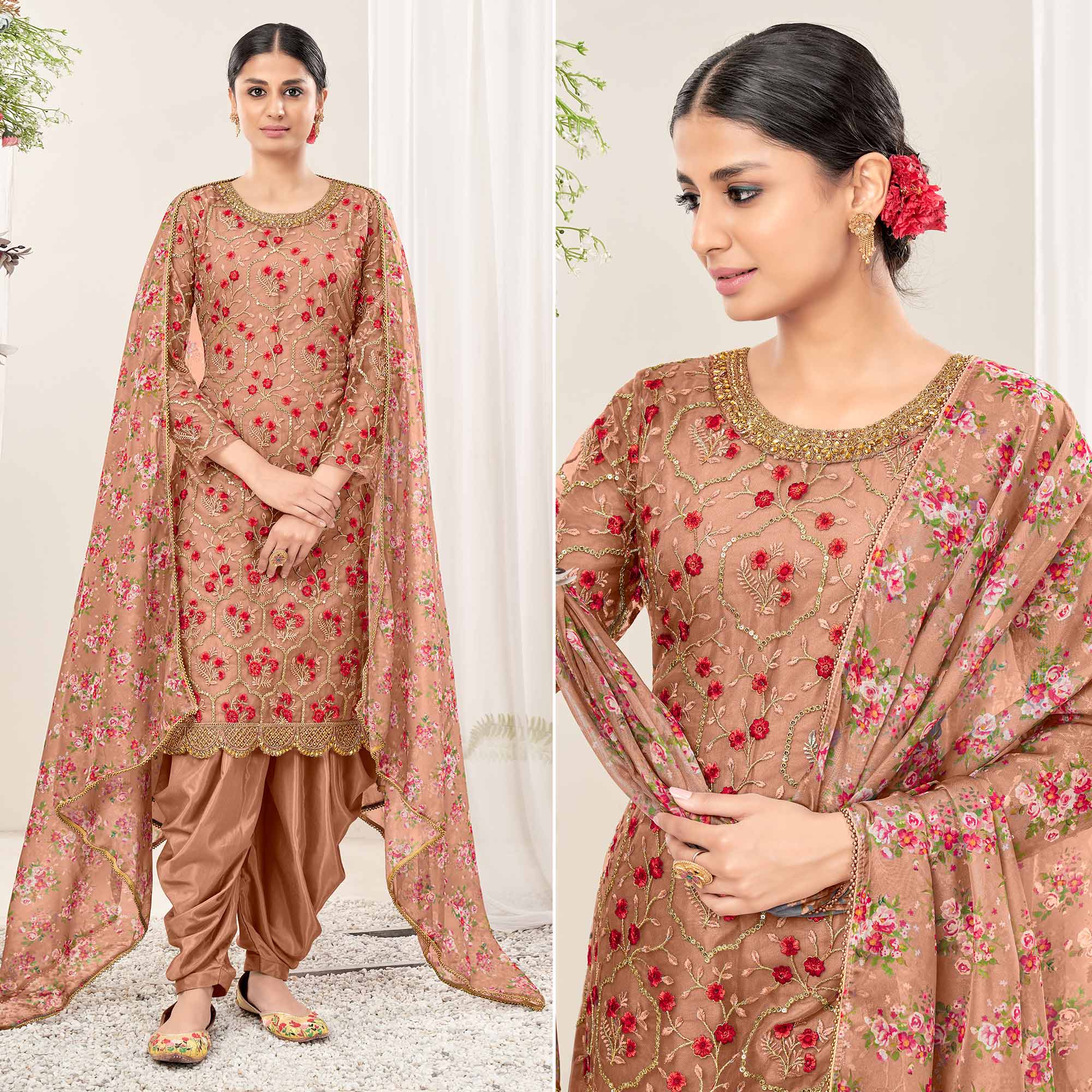 Peach Floral Sequins Embroidered Net Patiala Suit