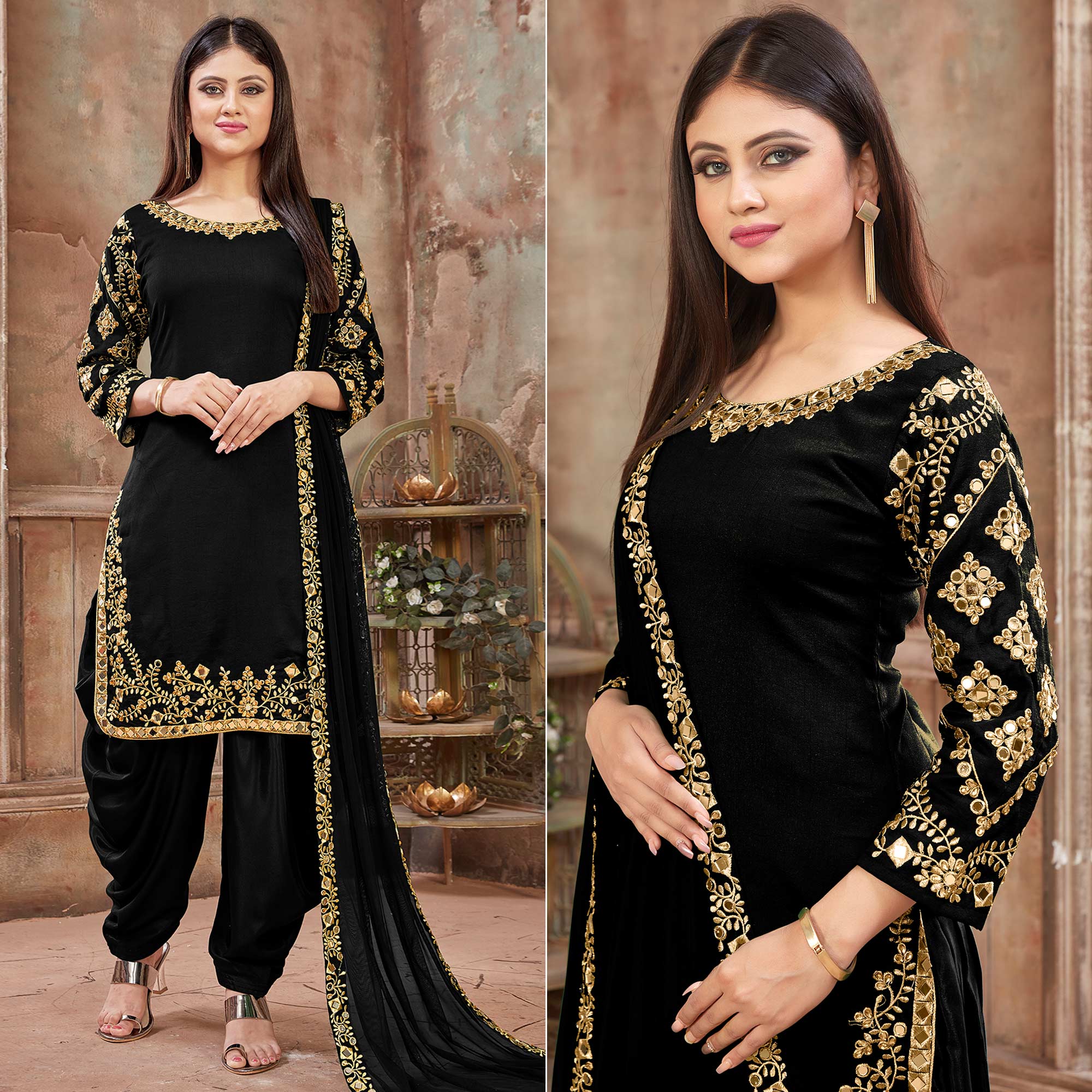 Black Floral Embroidered Art Silk Patiala Suit