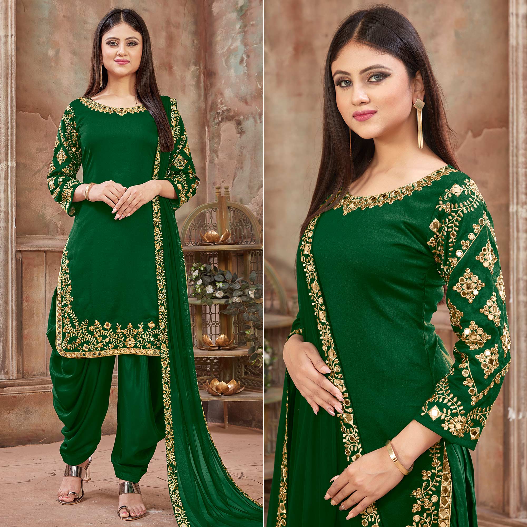 Green Floral Embroidered Art Silk Patiala Suit