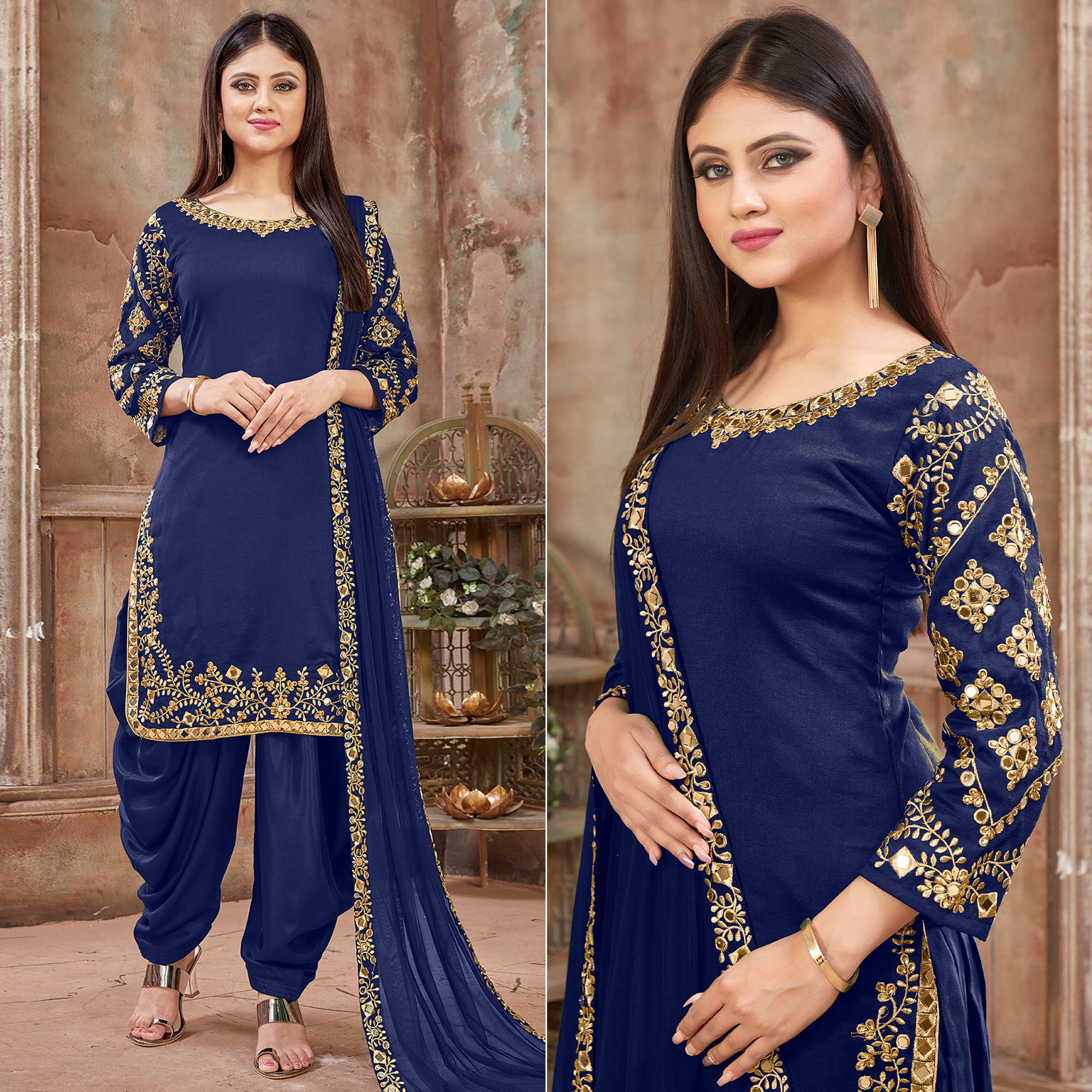 Blue Floral Embroidered Art Silk Patiala Suit