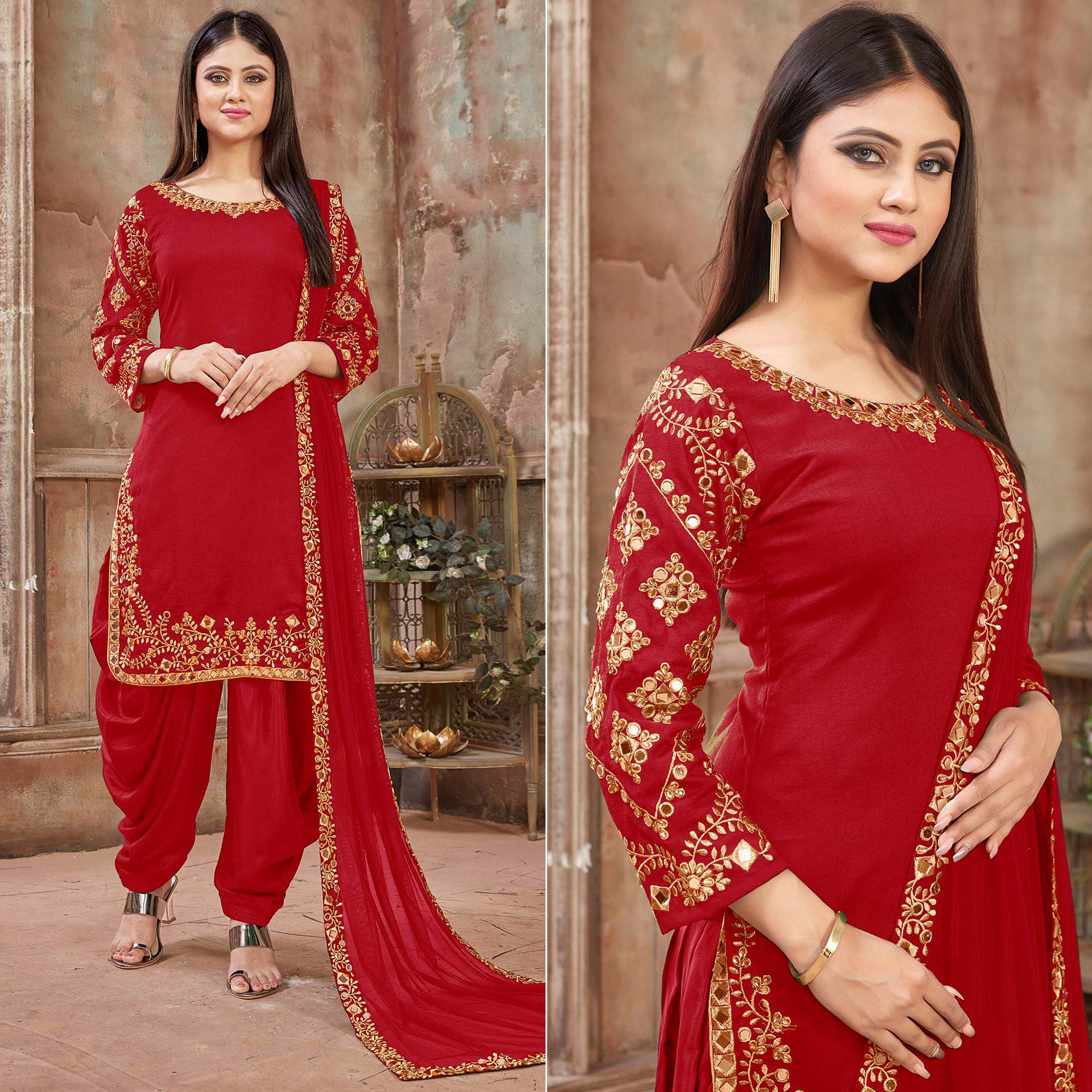 Red Floral Embroidered Art Silk Patiala Suit