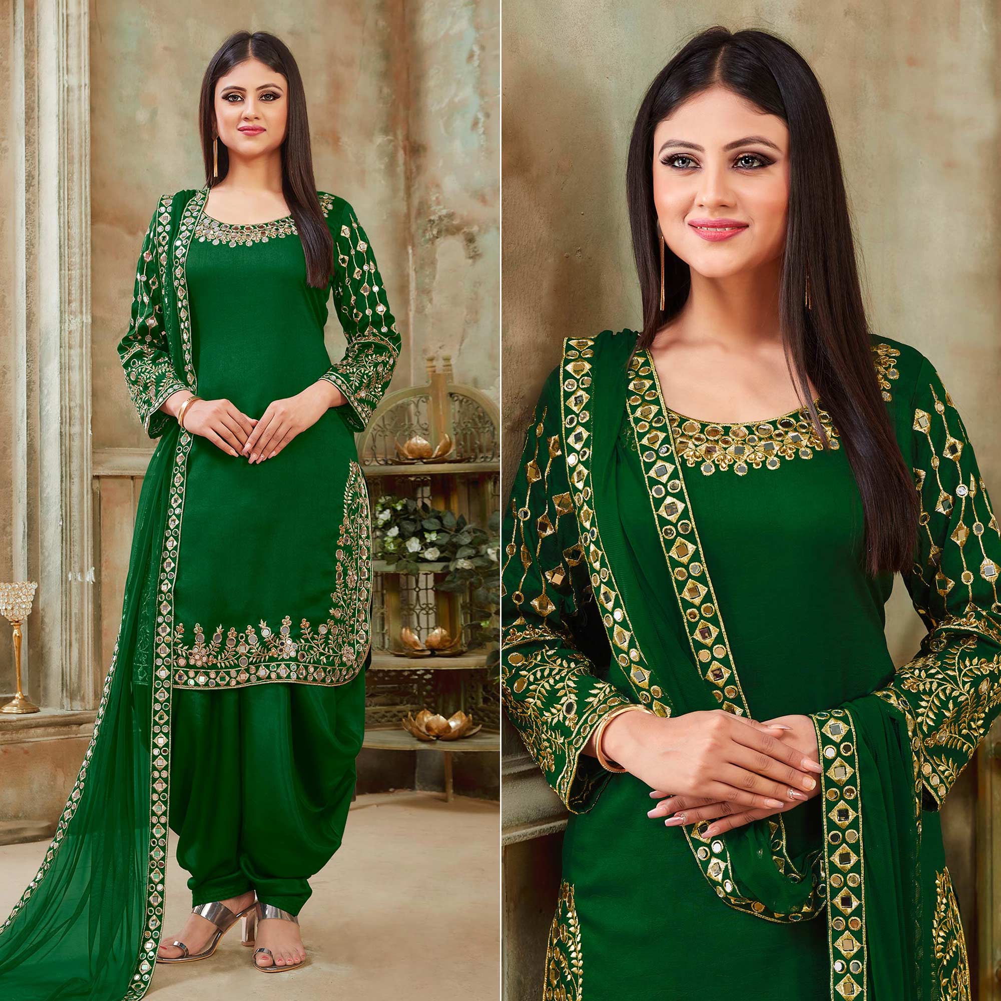 Green Floral Embroidered Art Silk Patiala Suit