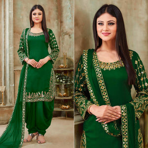 Green Floral Embroidered Art Silk Patiala Suit