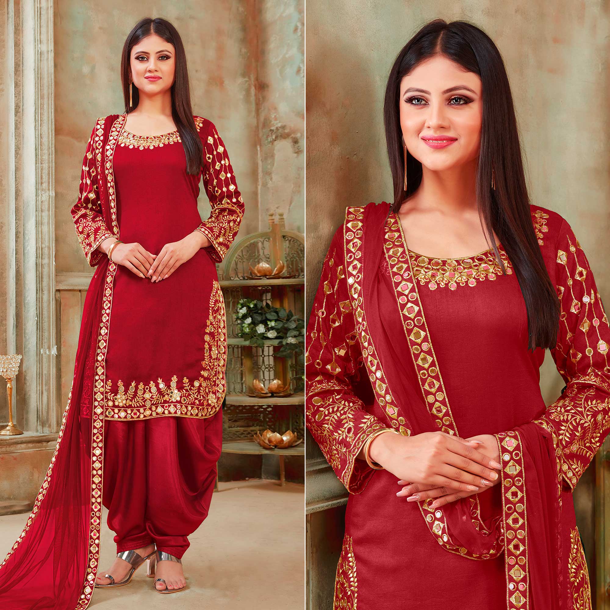 Red Floral Embroidered Art Silk Patiala Suit