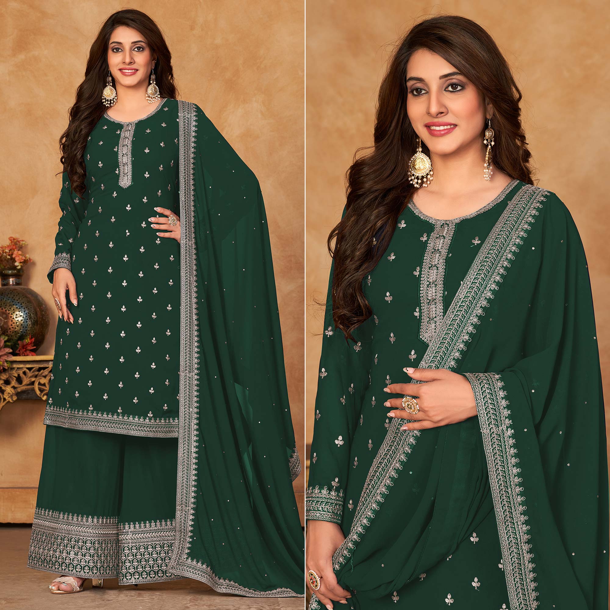 Green Floral Embroidered Georgette Semi Stitched Suit