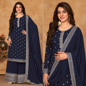 Blue Floral Embroidered Georgette Semi Stitched Suit