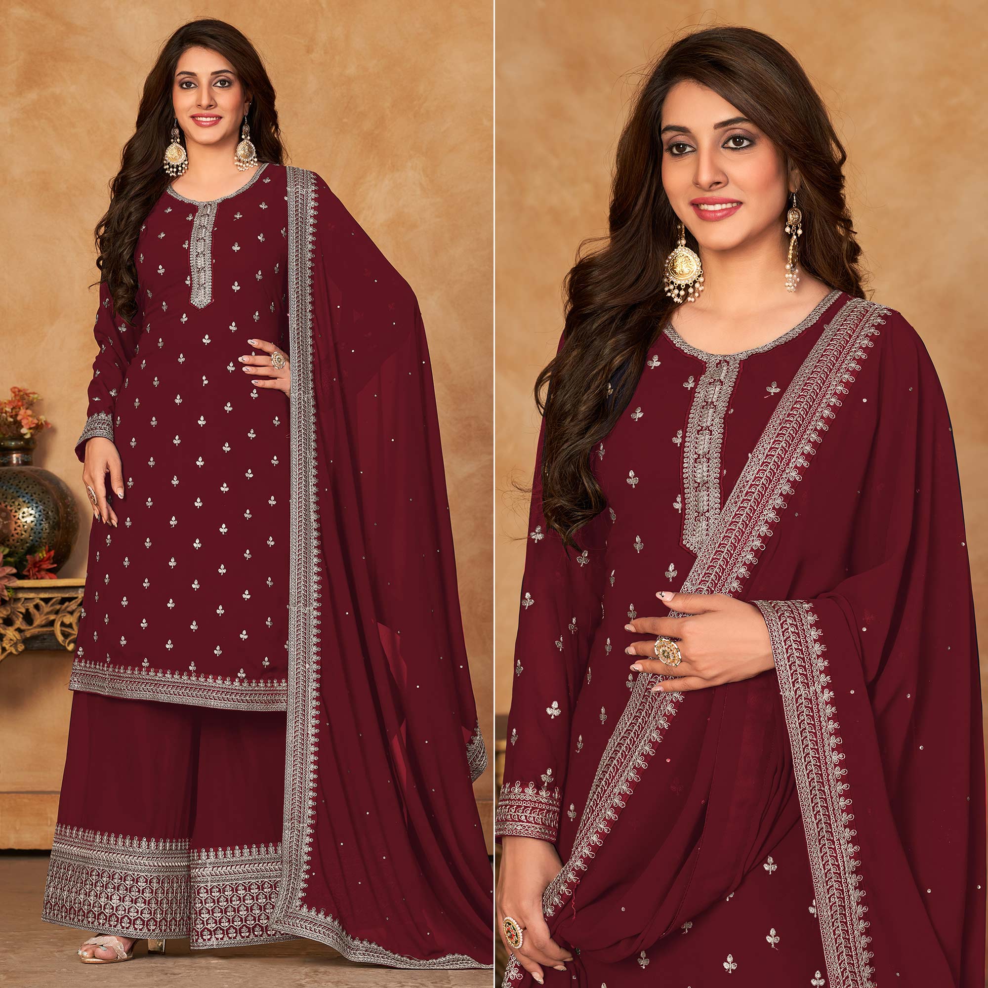 Maroon Floral Embroidered Georgette Semi Stitched Suit