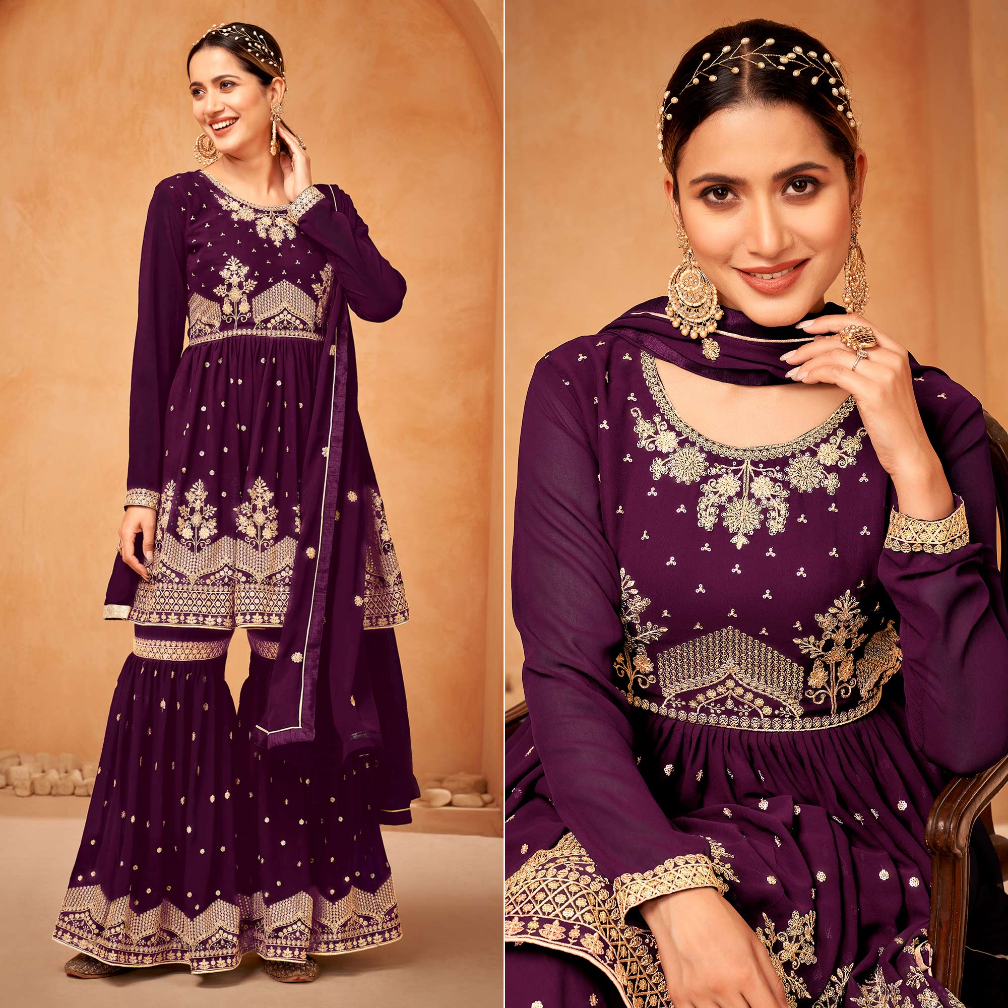 Purple Floral Sequin Embroidered Georgette Semi Stitched Suit